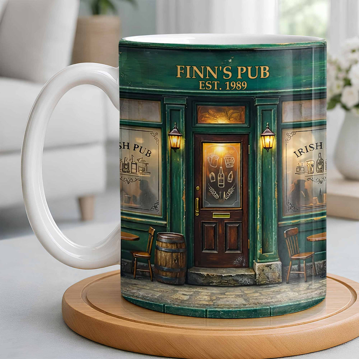 Our Pub Featuring Green Irish Pub Storefront With Barrel And Chairs