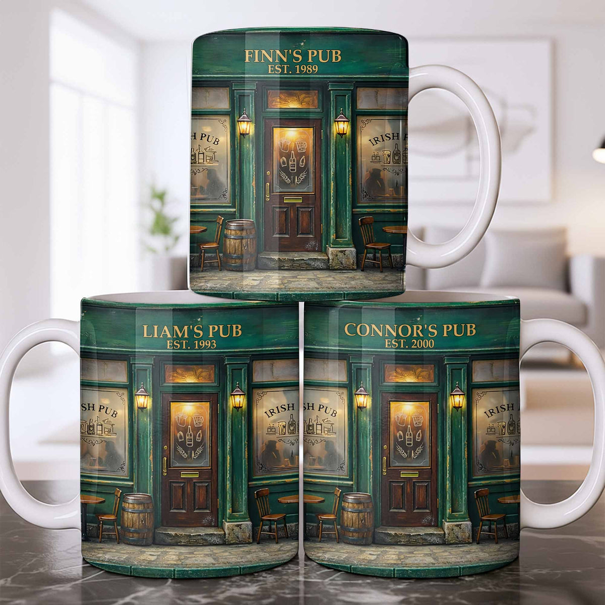 Our Pub Featuring Green Irish Pub Storefront With Barrel And Chairs