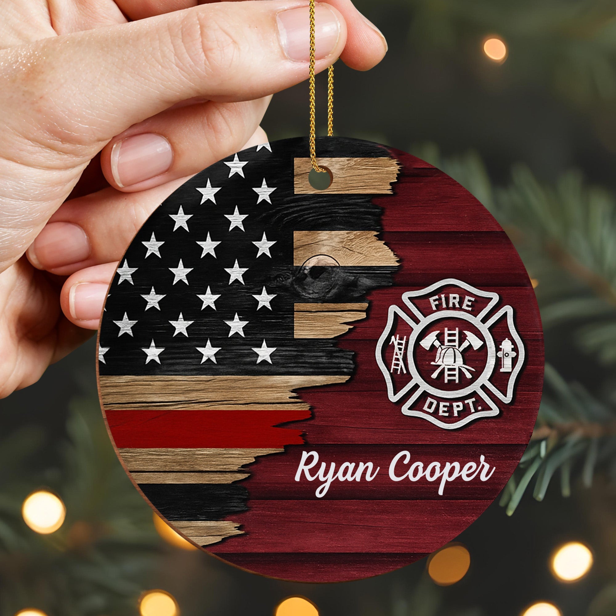 Fire Dept. Custom Wood Ornament Featuring American Flag And Emblem