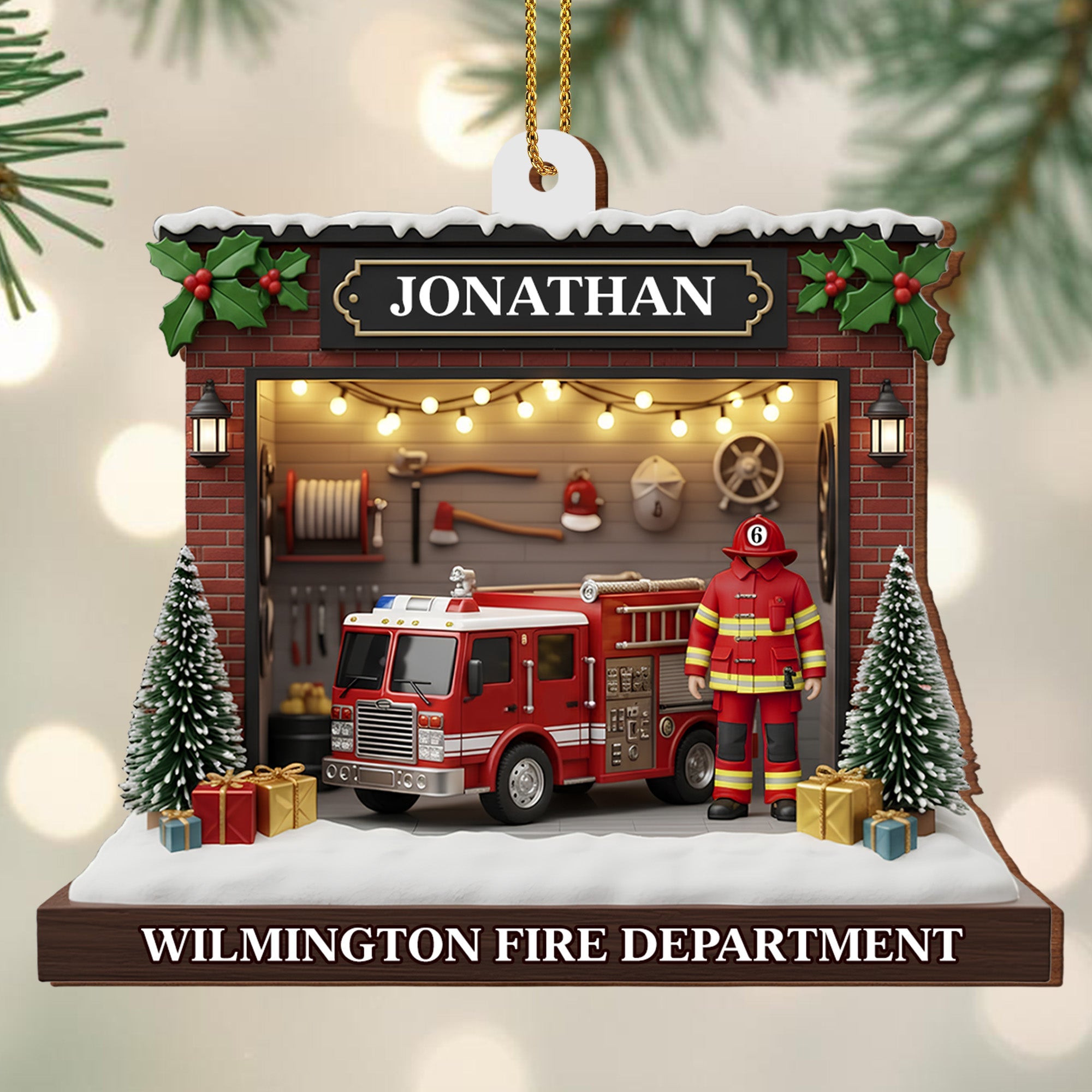 Celebrate The Heroic Spirit, Fire Truck And Firefighter Ornament