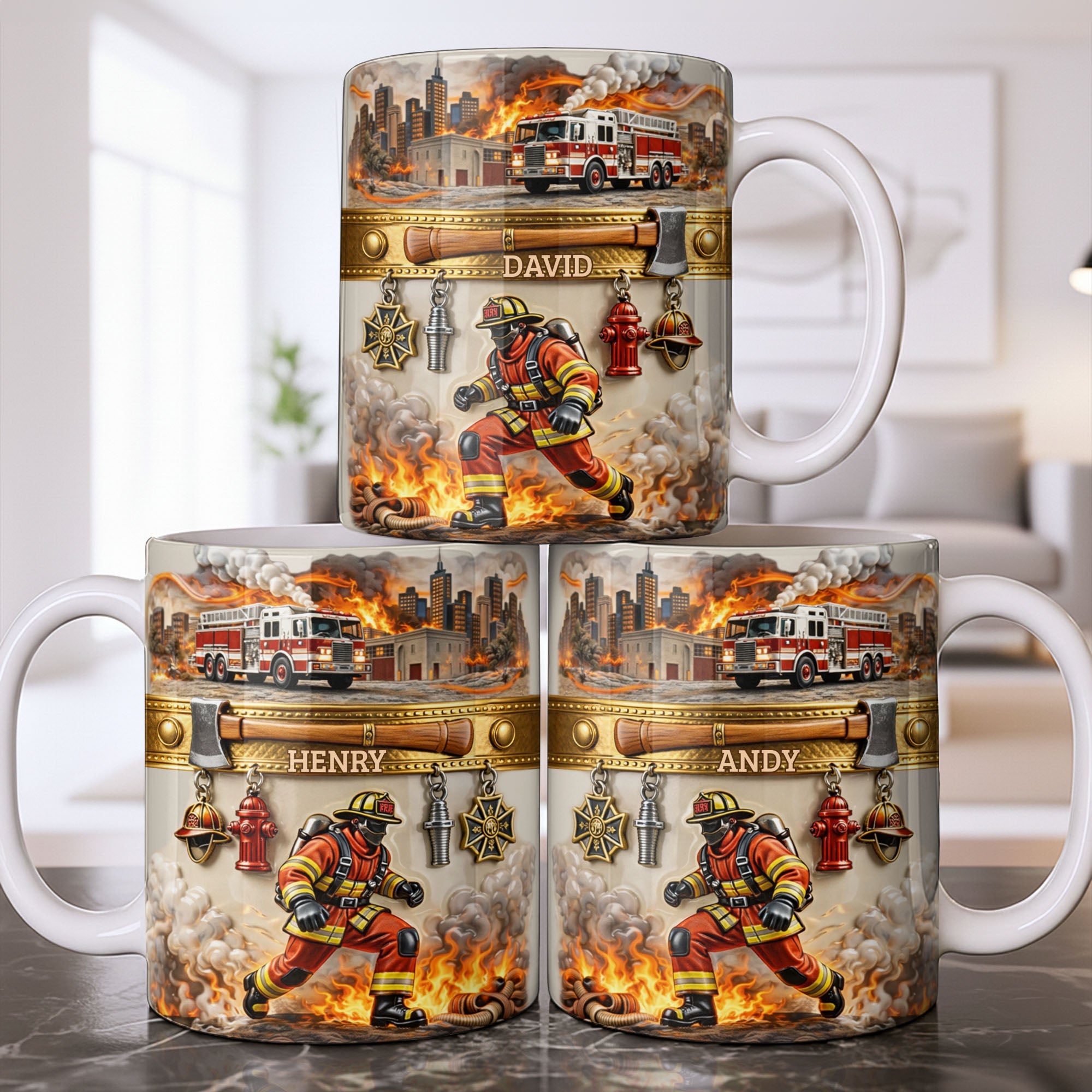 Heroic Firefighter Scene Personalized Coffee Mug