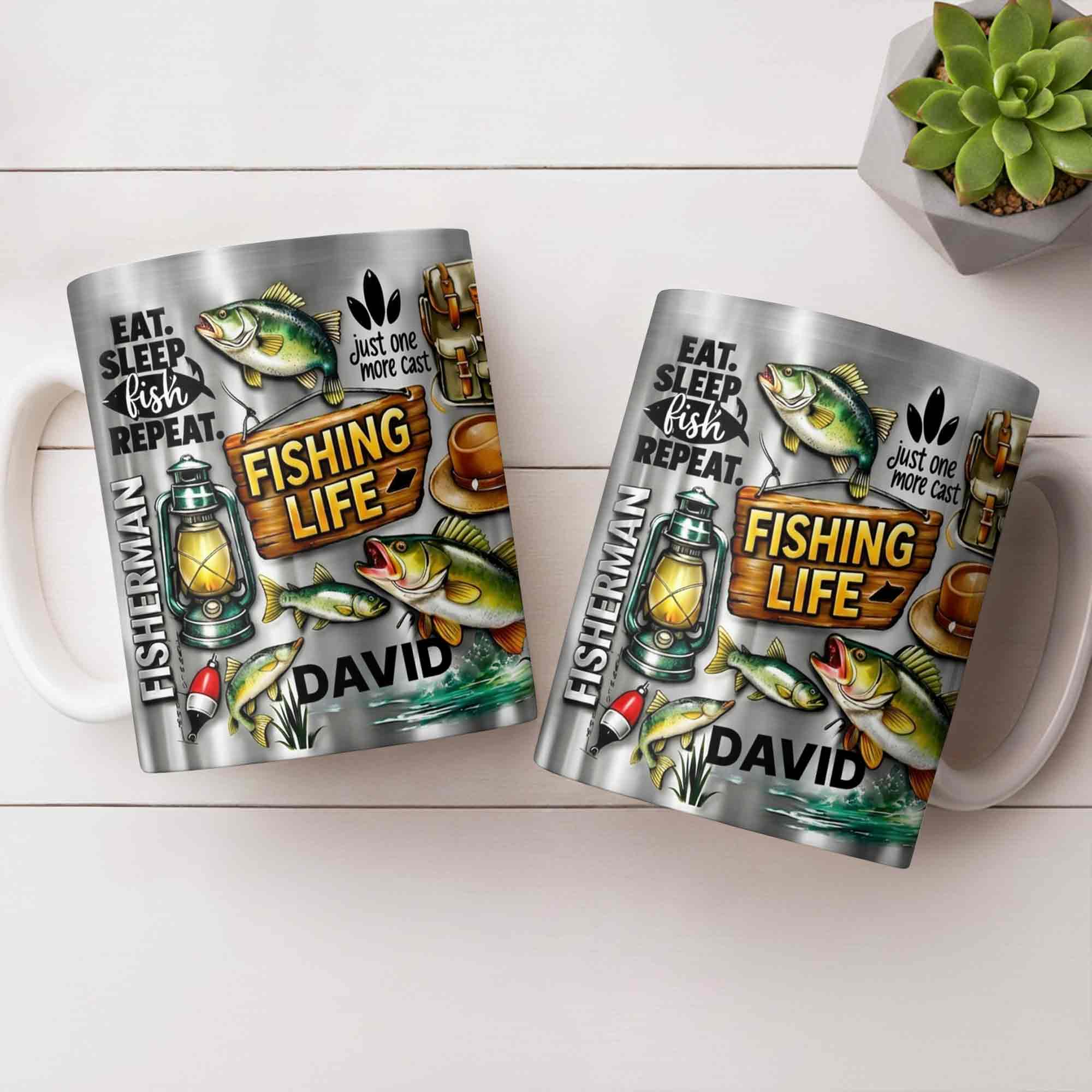 Eat Sleep Fish Repeat Fishing Life Fisherman With Fish And Gear - Personalized Custom Coffee Mug - FISH025_MG
