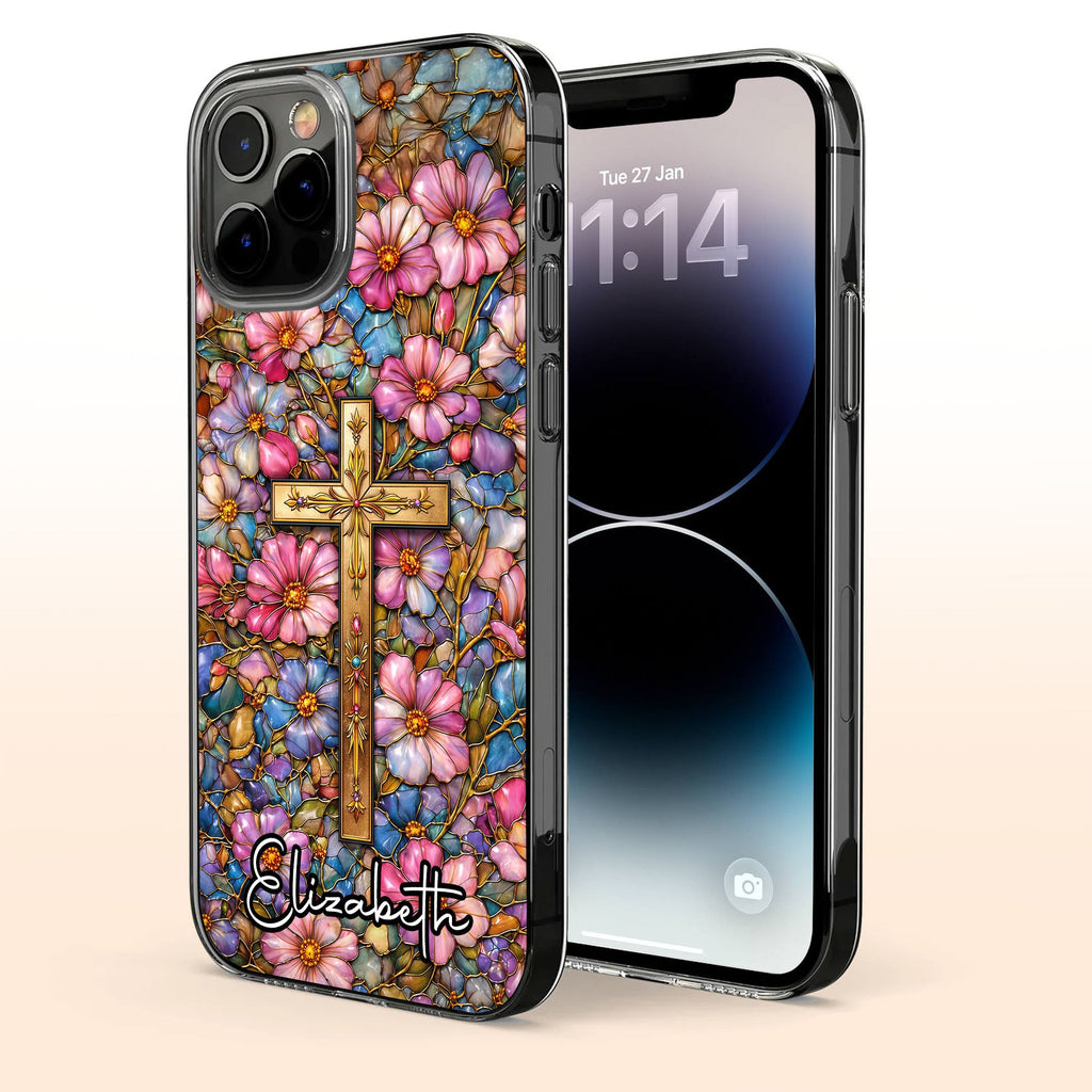 A Symbol Of Faith Surrounded By Stained Glass Flowers And Cross