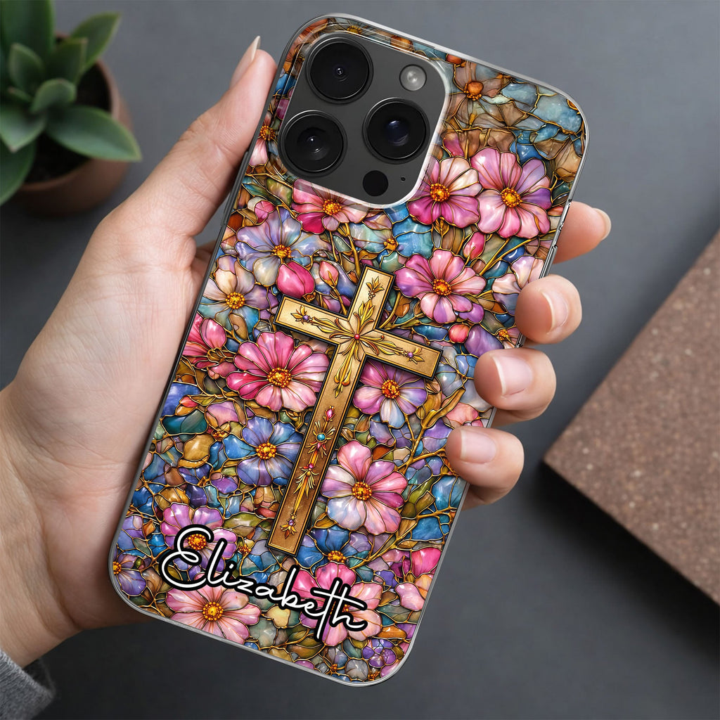 A Symbol Of Faith Surrounded By Stained Glass Flowers And Cross