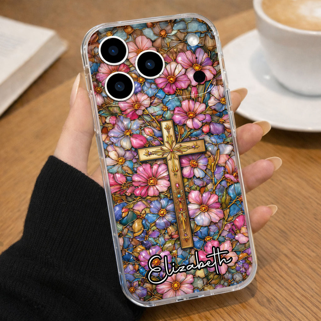 A Symbol Of Faith Surrounded By Stained Glass Flowers And Cross