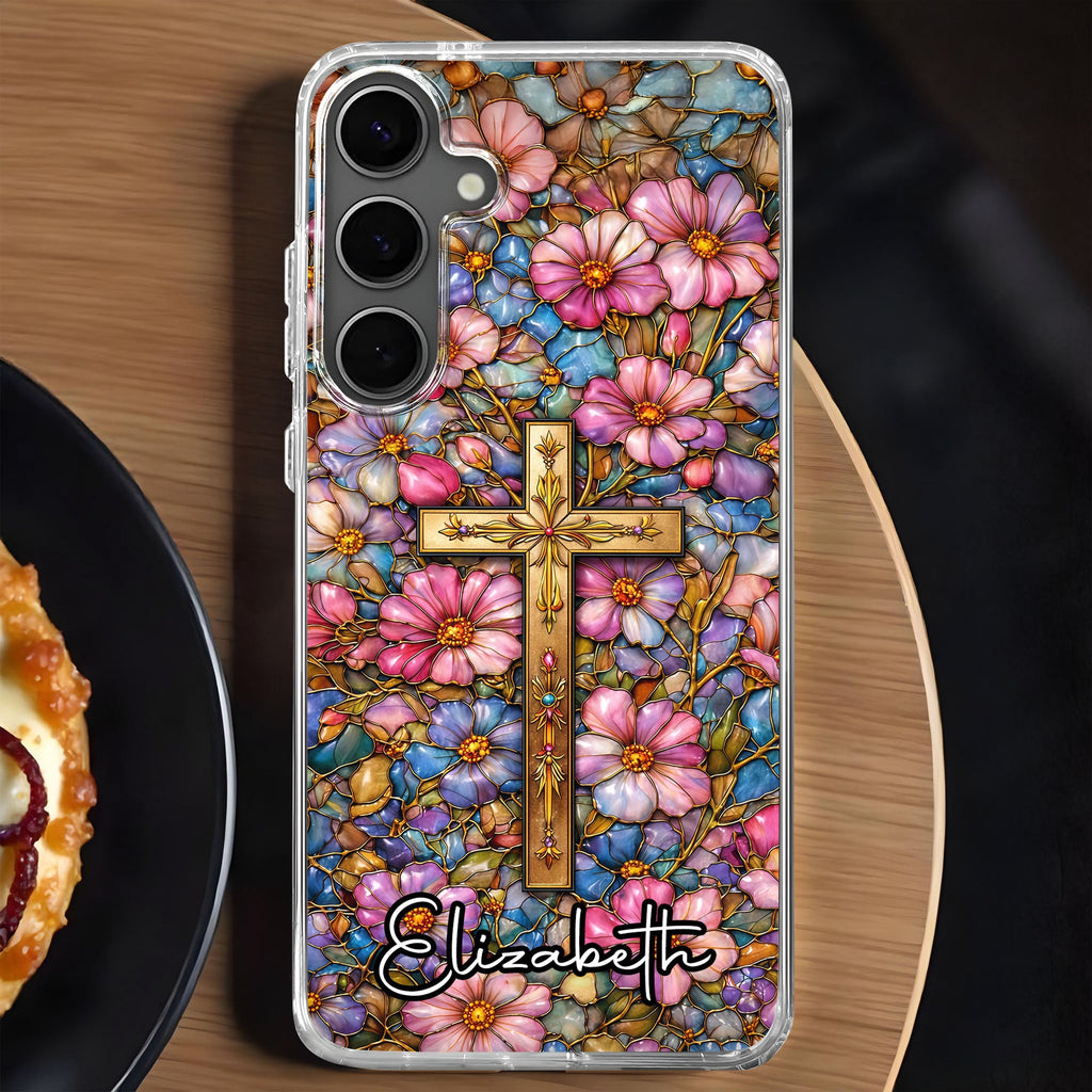 A Symbol Of Faith Surrounded By Stained Glass Flowers And Cross