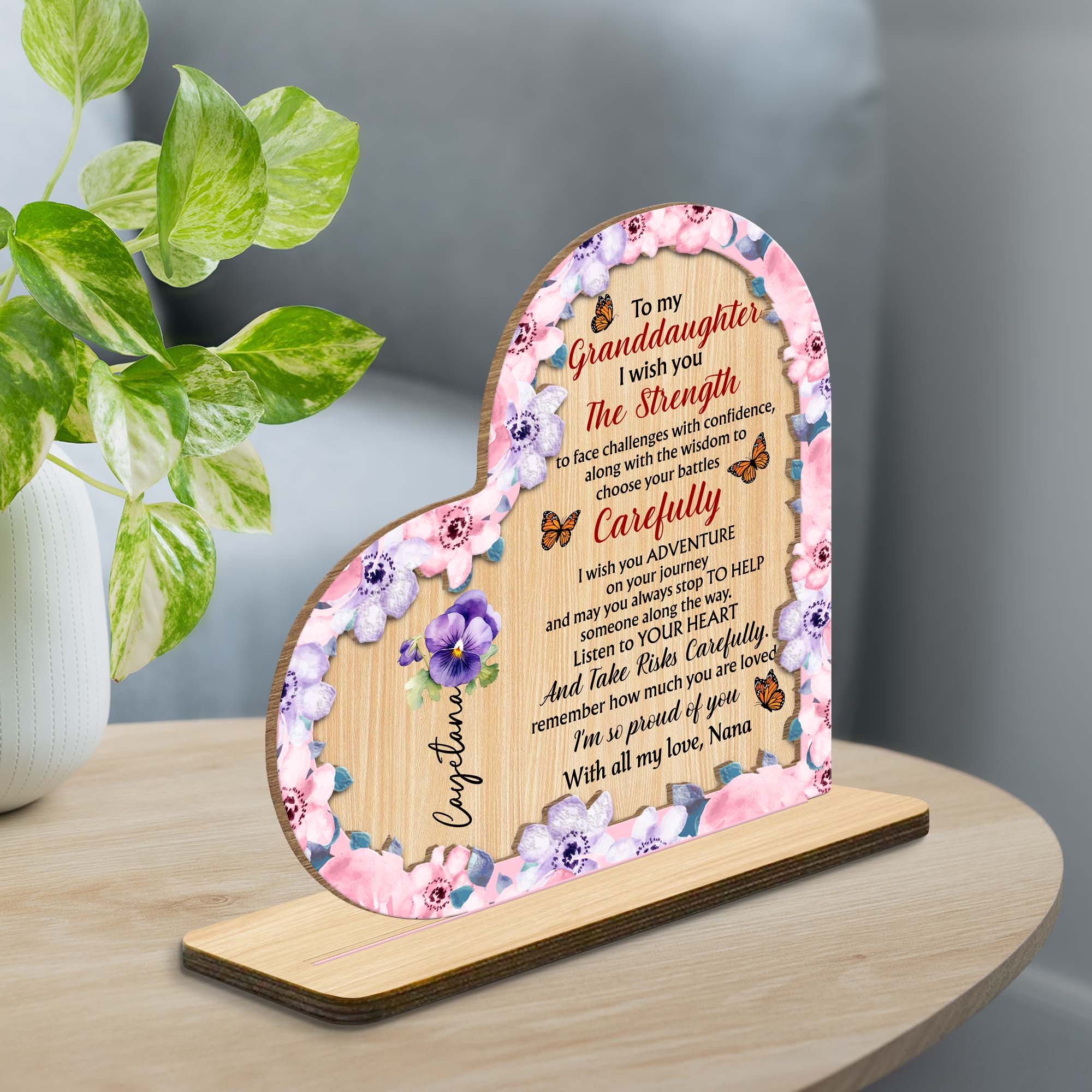 Granddaughter Strength And Adventure Wooden Plaque With Flowers - Personalized Custom 2-Layer Wood Plaque With Flat Base - GDT060_WPLA