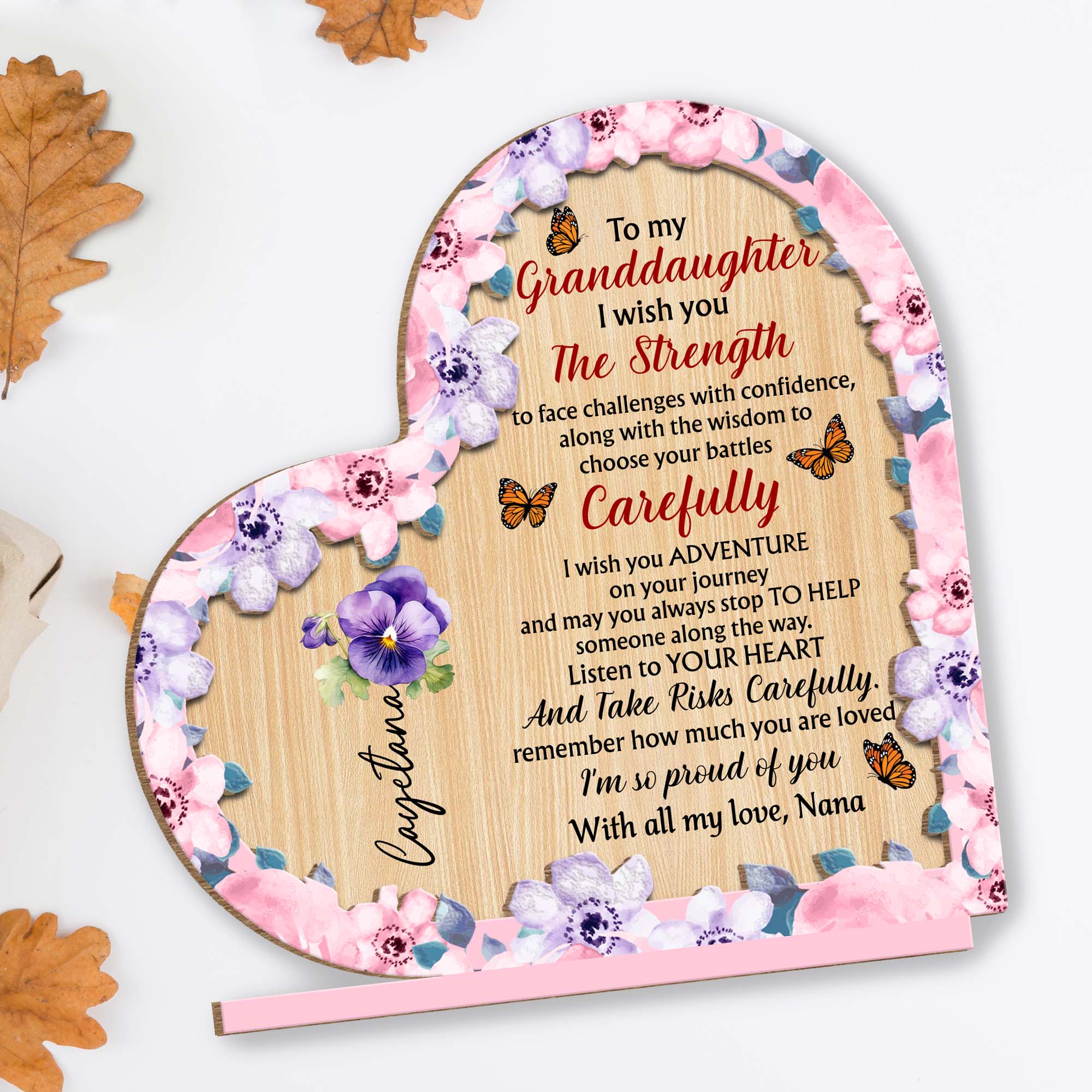 Granddaughter Strength And Adventure Wooden Plaque With Flowers - Personalized Custom 2-Layer Wood Plaque With Flat Base - GDT060_WPLA