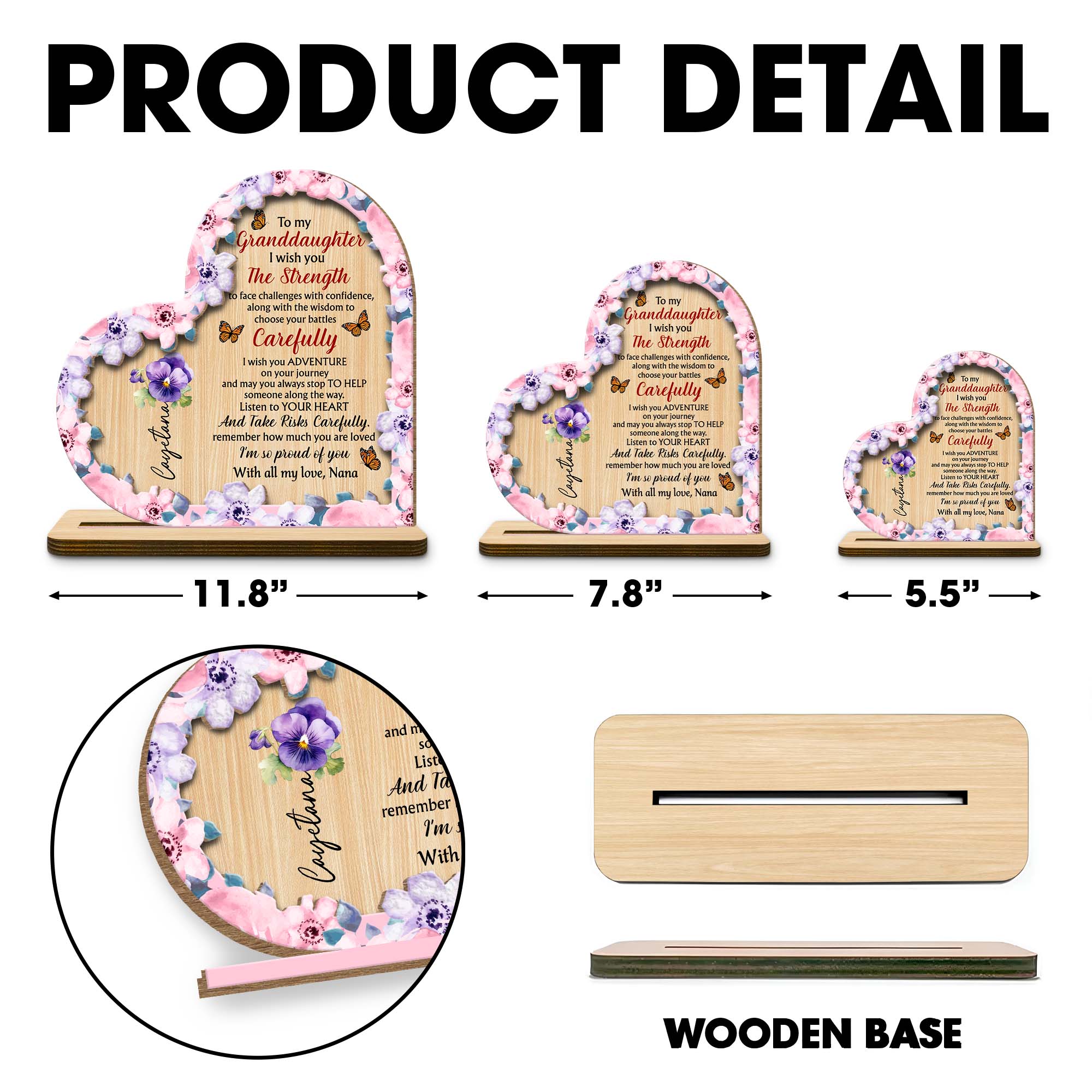 Granddaughter Strength And Adventure Wooden Plaque With Flowers - Personalized Custom 2-Layer Wood Plaque With Flat Base - GDT060_WPLA