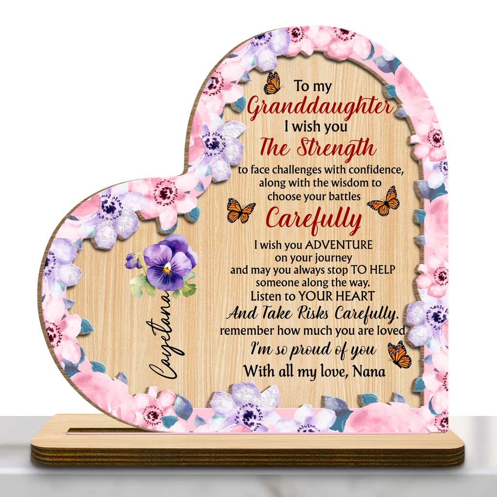Granddaughter Strength And Adventure Wooden Plaque With Flowers - Personalized Custom 2-Layer Wood Plaque With Flat Base - GDT060_WPLA