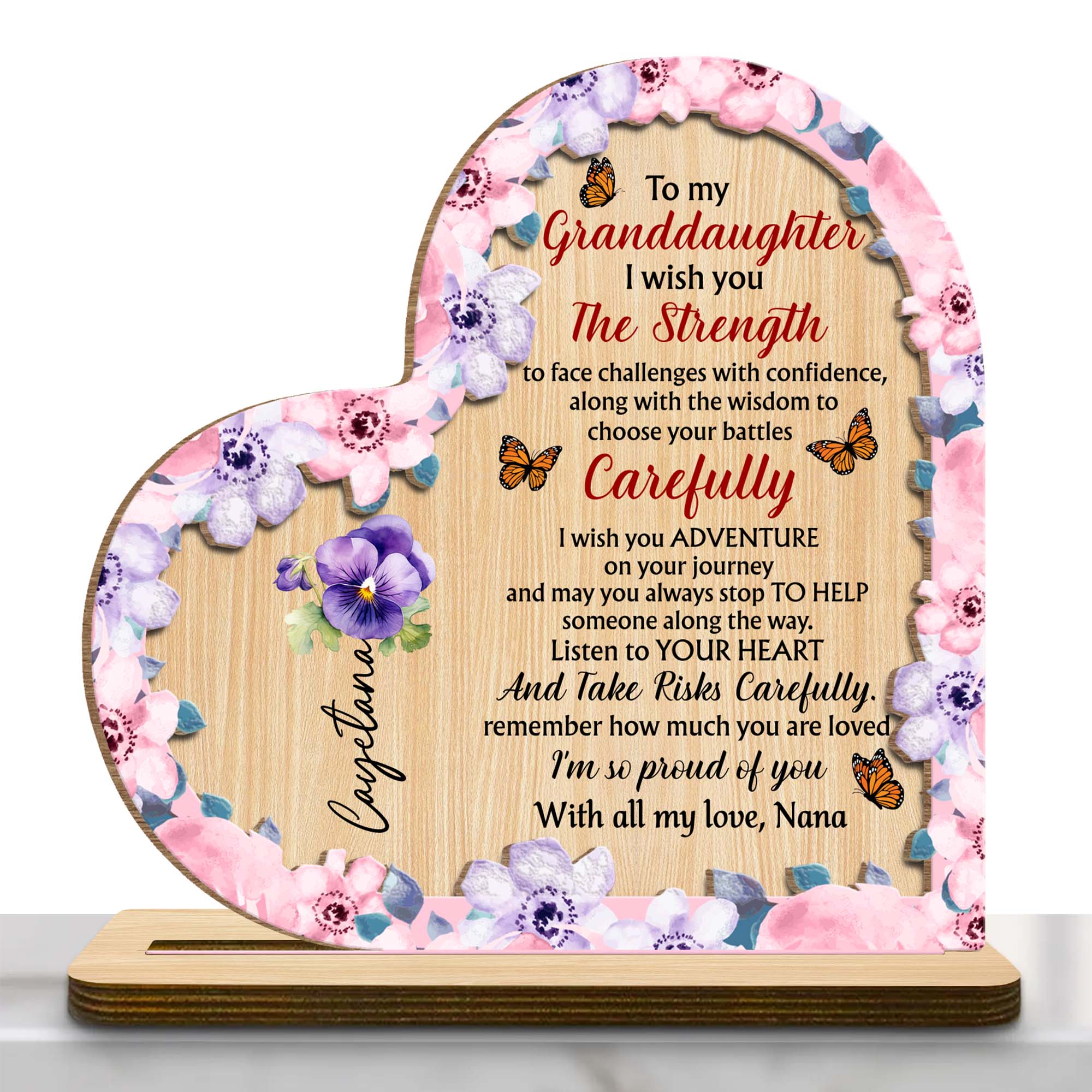 Granddaughter Strength And Adventure Wooden Plaque With Flowers - Personalized Custom 2-Layer Wood Plaque With Flat Base - GDT060_WPLA