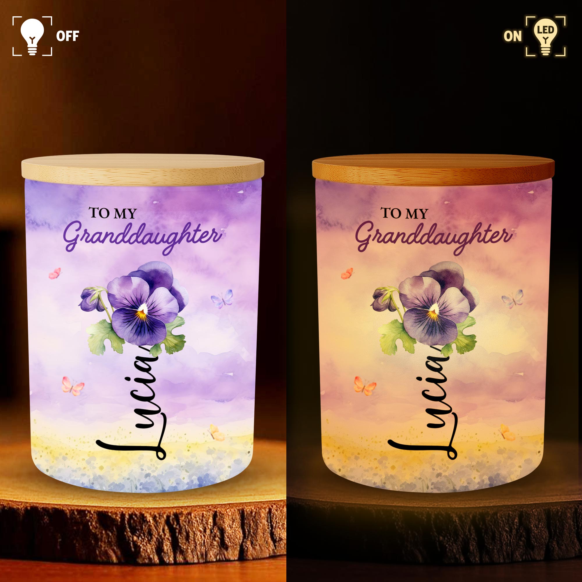 To My Granddaughter Butterfly And Floral Heartfelt Message - Personalized Custom Glass Jar With LED - GDT108_LEJAR