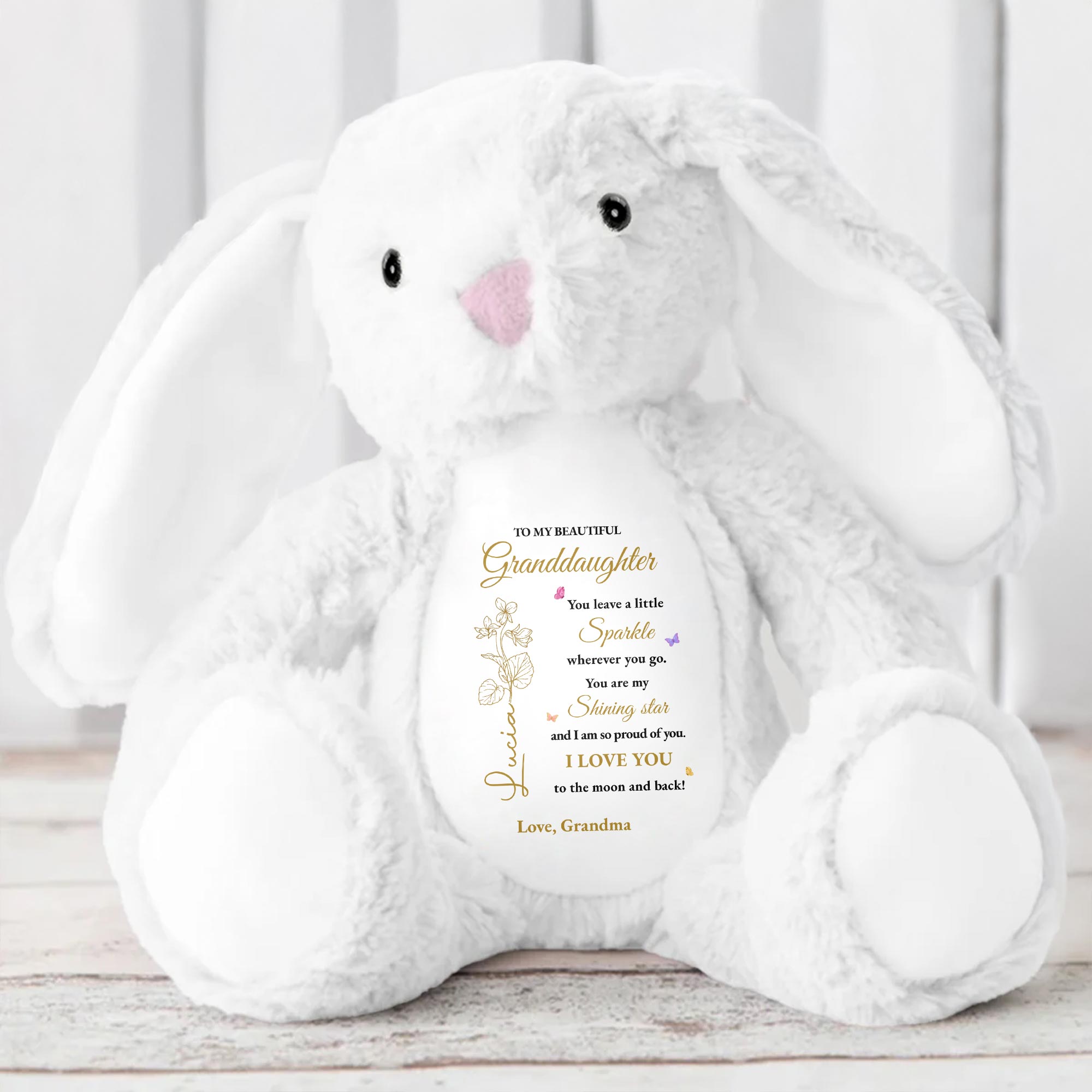 To My Beautiful Granddaughter, You leave a little Sparkle, Stuffed Bunny with Stars