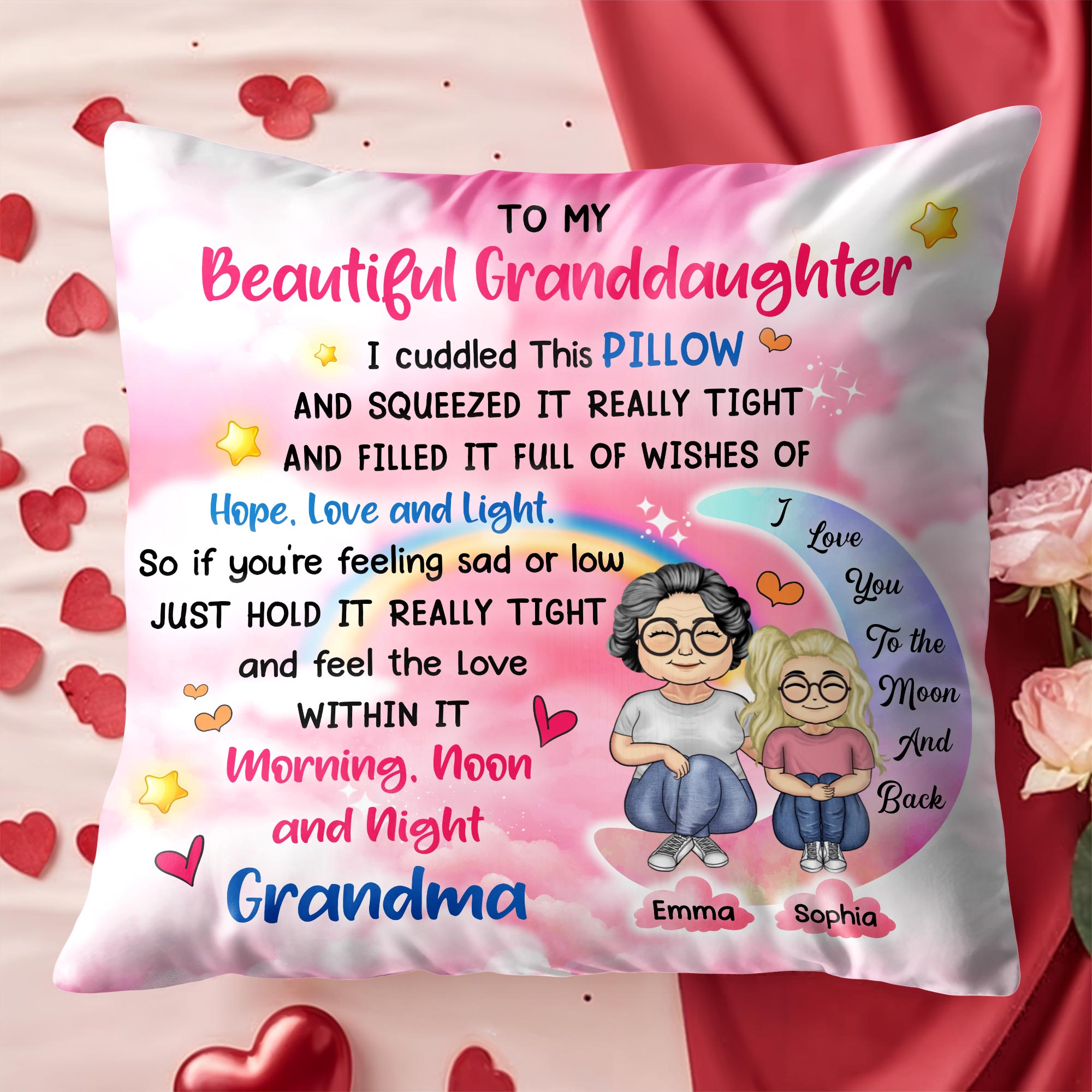 To My Beautiful Granddaughter, Cuddled Pillow, Hope, Love, Light, Stars, Hearts - Personalized Custom Pillow, Insert Included - GDT276_PLW