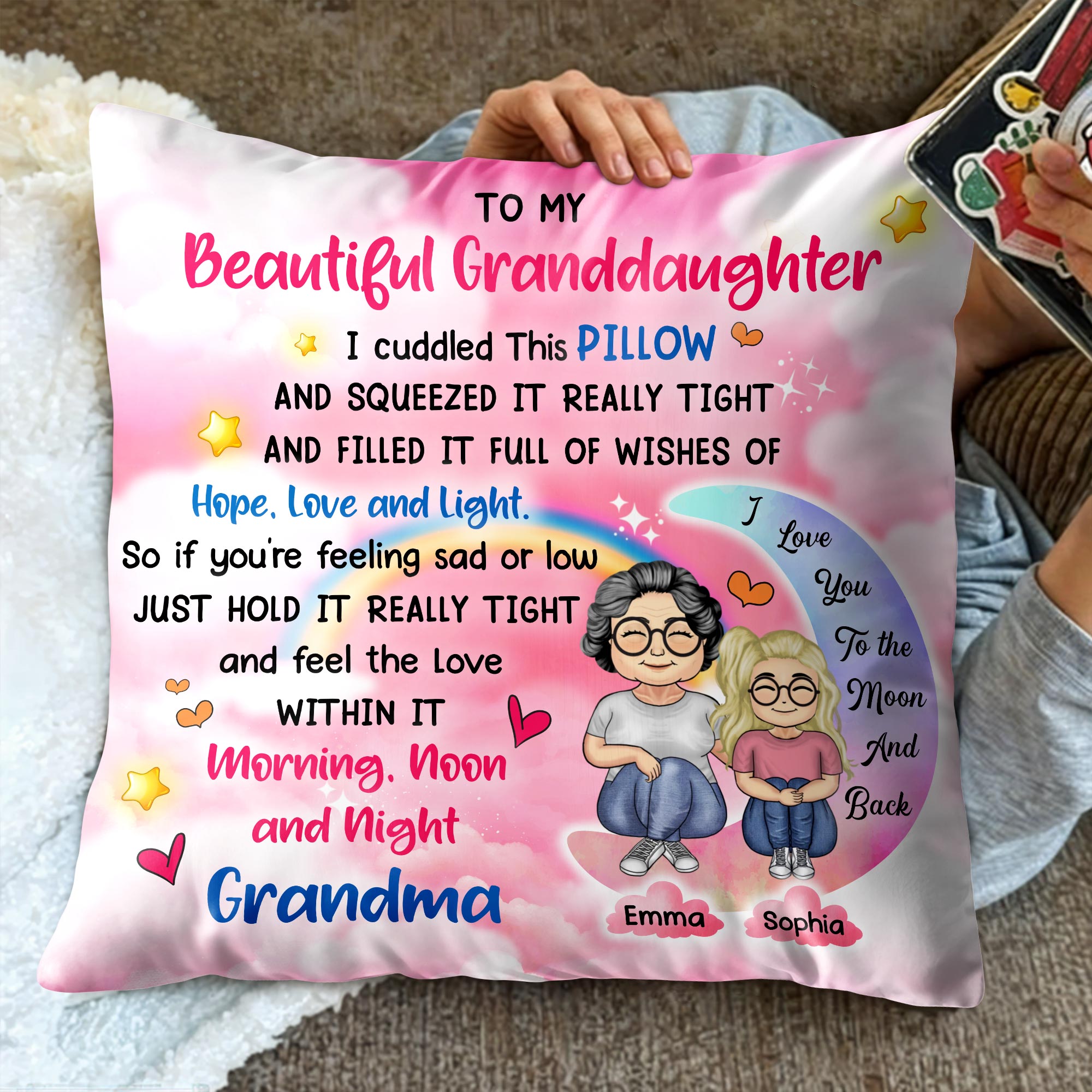 To My Beautiful Granddaughter, Cuddled Pillow, Hope, Love, Light, Stars, Hearts - Personalized Custom Pillow, Insert Included - GDT276_PLW
