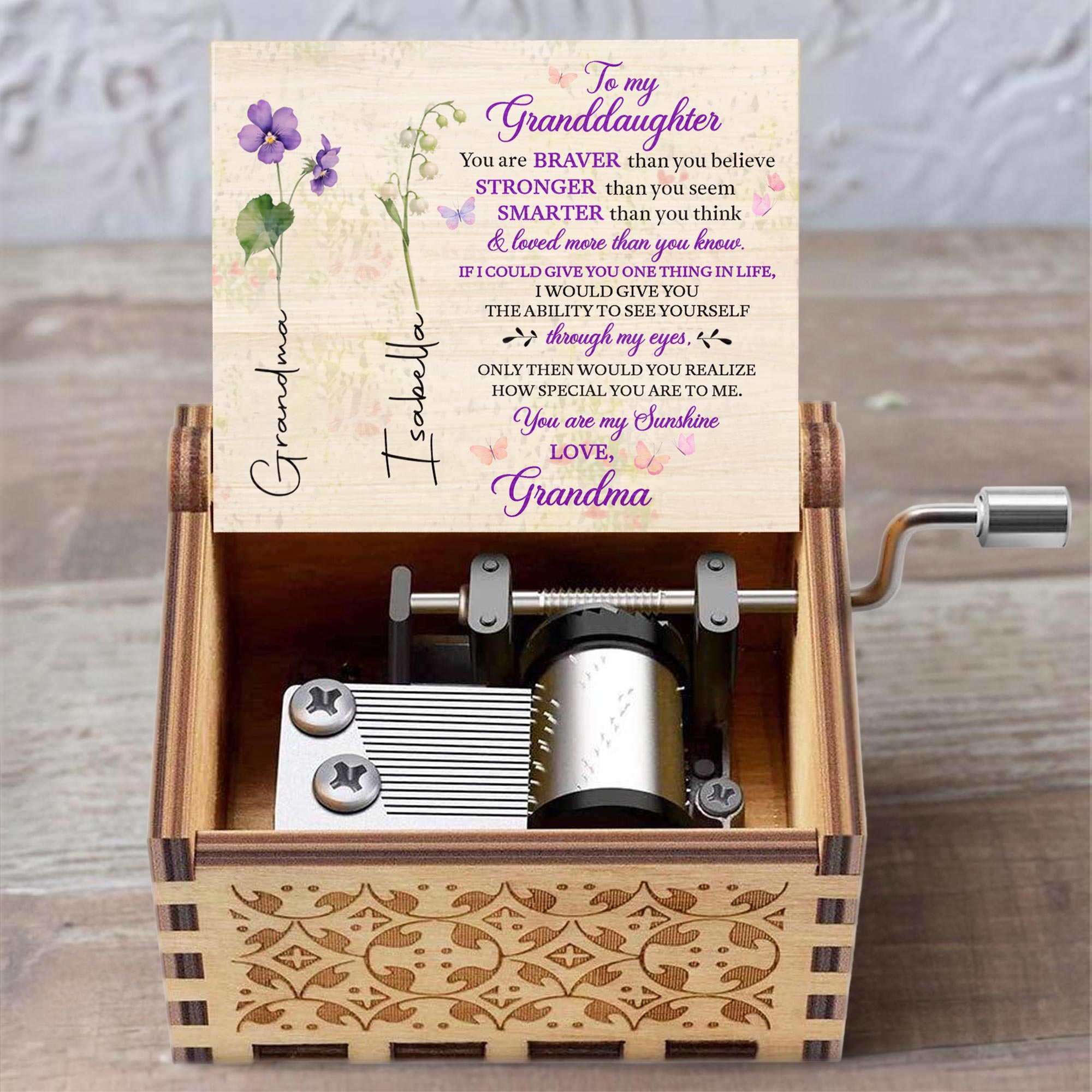To My Granddaughter, You Are My Sunshine With Flowers - Custom Music Box With "You Are My Sunshine" Tune - GDT323_MZB
