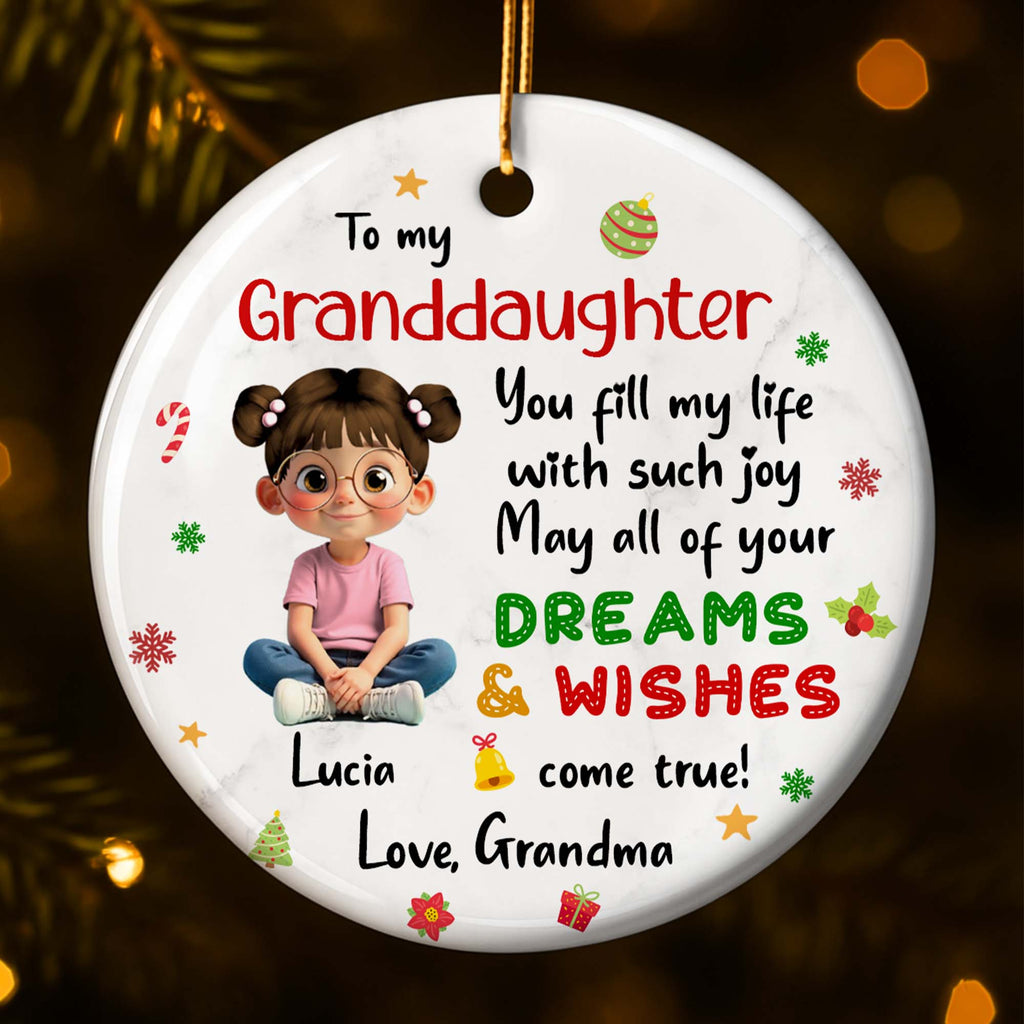 To My Granddaughter, Dreams & Wishes, Little Girl Sitting Christmas Symbols - Personalized Custom Ceramic Ornament With Round Shape - GDT358_RCE