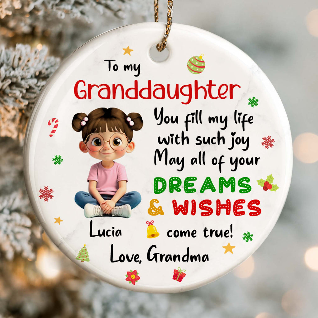 To My Granddaughter, Dreams & Wishes, Little Girl Sitting Christmas Symbols - Personalized Custom Ceramic Ornament With Round Shape - GDT358_RCE
