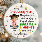 To My Granddaughter, Dreams & Wishes, Little Girl Sitting Christmas Symbols - Personalized Custom Ceramic Ornament With Round Shape - GDT358_RCE