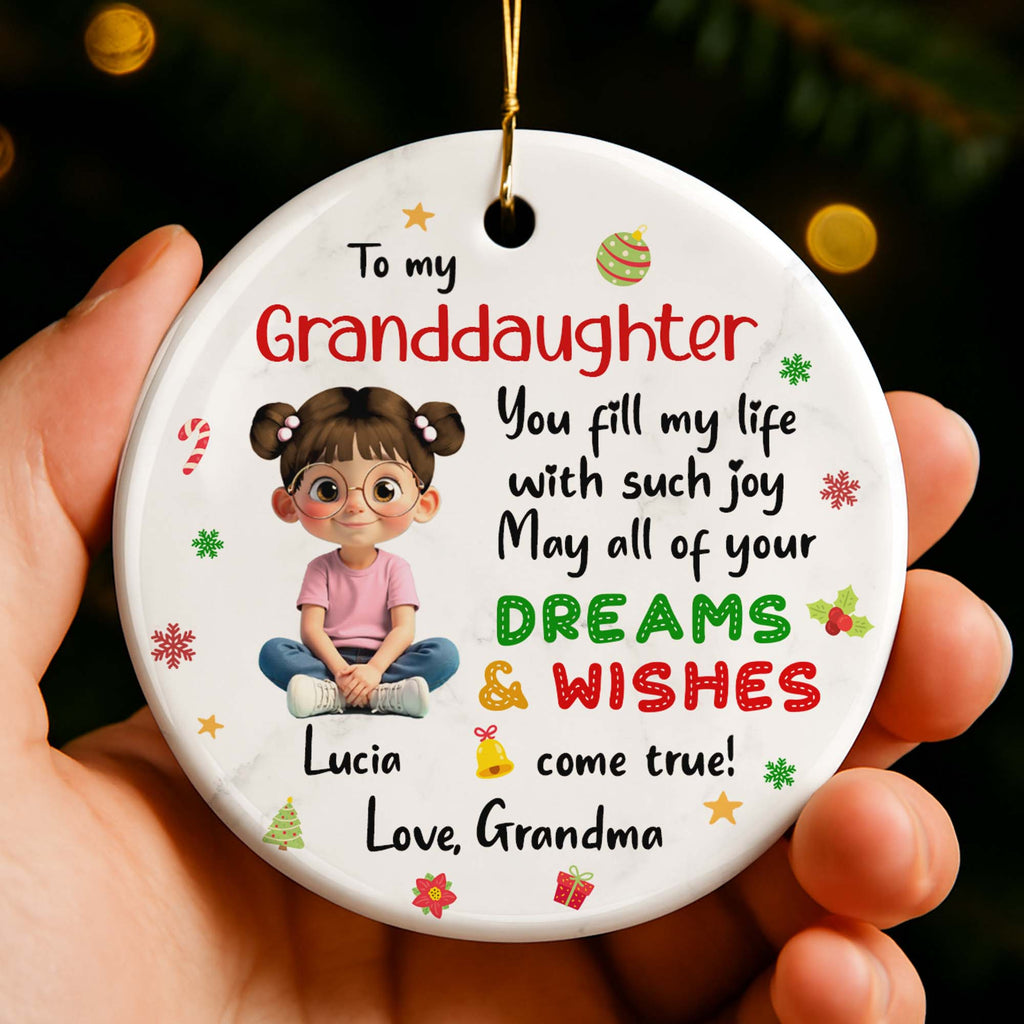 To My Granddaughter, Dreams & Wishes, Little Girl Sitting Christmas Symbols - Personalized Custom Ceramic Ornament With Round Shape - GDT358_RCE