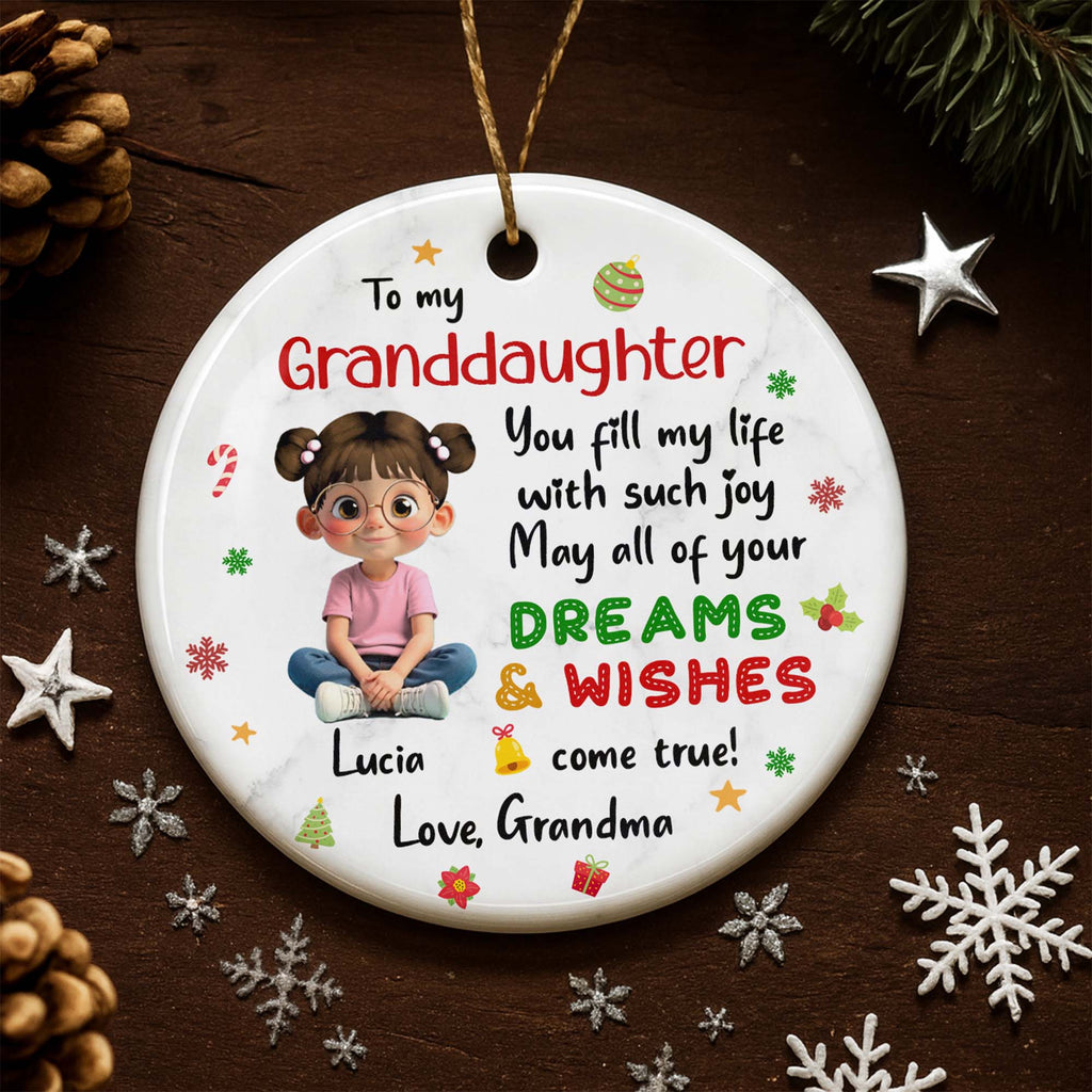 To My Granddaughter, Dreams & Wishes, Little Girl Sitting Christmas Symbols - Personalized Custom Ceramic Ornament With Round Shape - GDT358_RCE