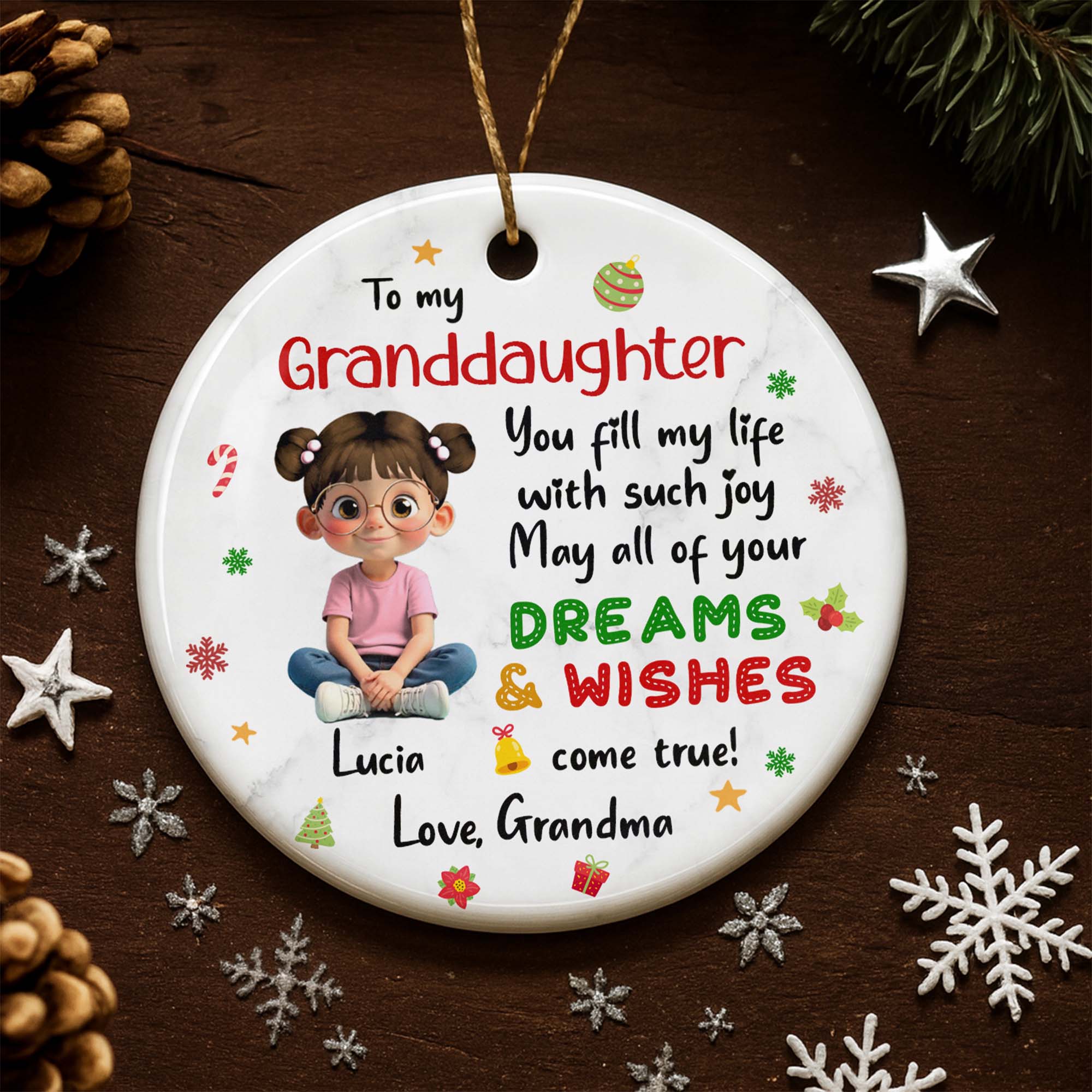 To My Granddaughter, Dreams & Wishes, Little Girl Sitting Christmas Symbols - Personalized Custom Ceramic Ornament With Round Shape - GDT358_RCE