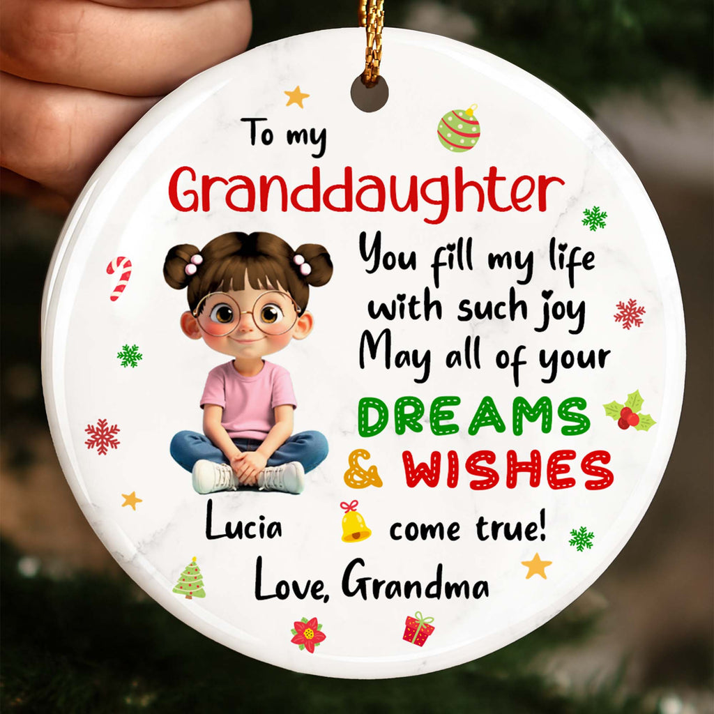 To My Granddaughter, Dreams & Wishes, Little Girl Sitting Christmas Symbols - Personalized Custom Ceramic Ornament With Round Shape - GDT358_RCE