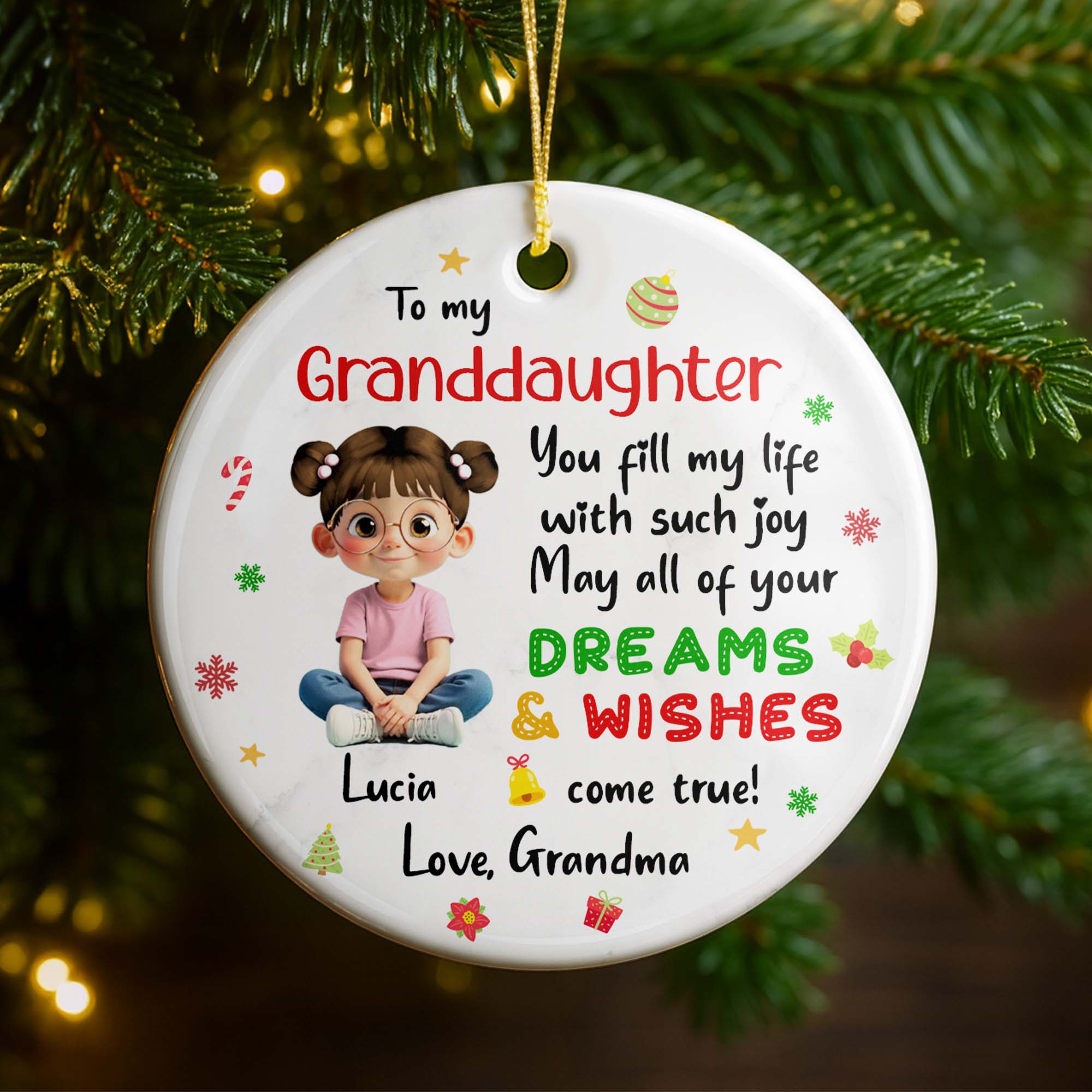 To My Granddaughter, Dreams & Wishes, Little Girl Sitting Christmas Symbols - Personalized Custom Ceramic Ornament With Round Shape - GDT358_RCE