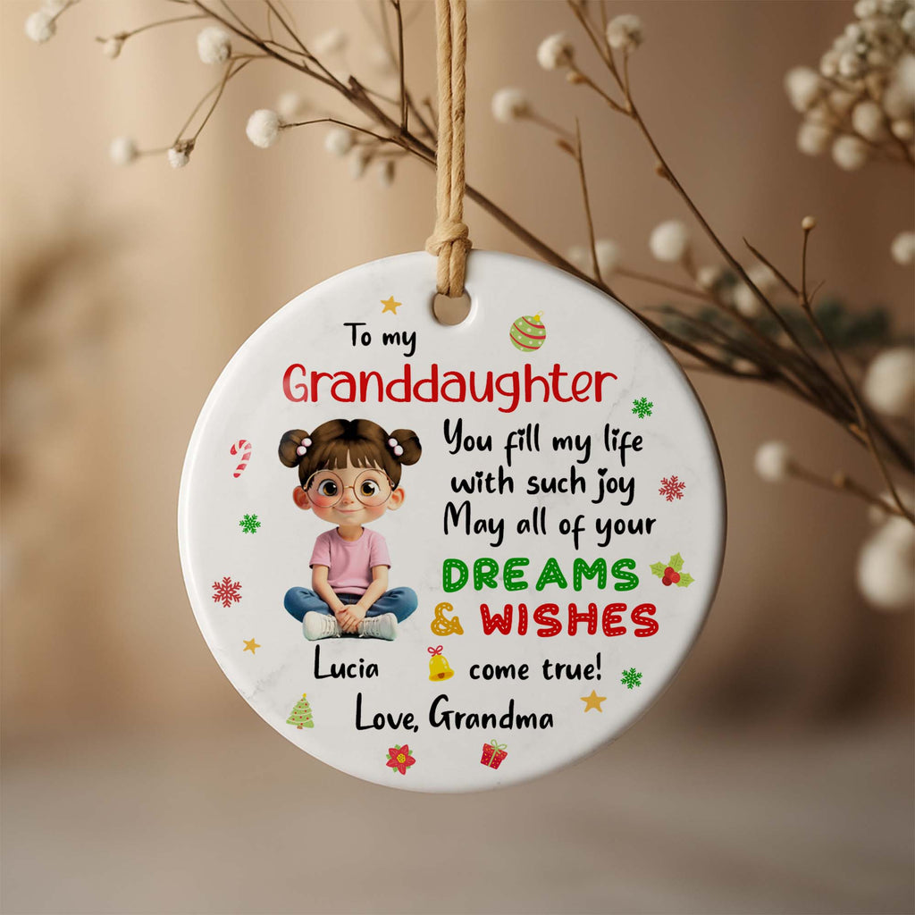 To My Granddaughter, Dreams & Wishes, Little Girl Sitting Christmas Symbols - Personalized Custom Ceramic Ornament With Round Shape - GDT358_RCE
