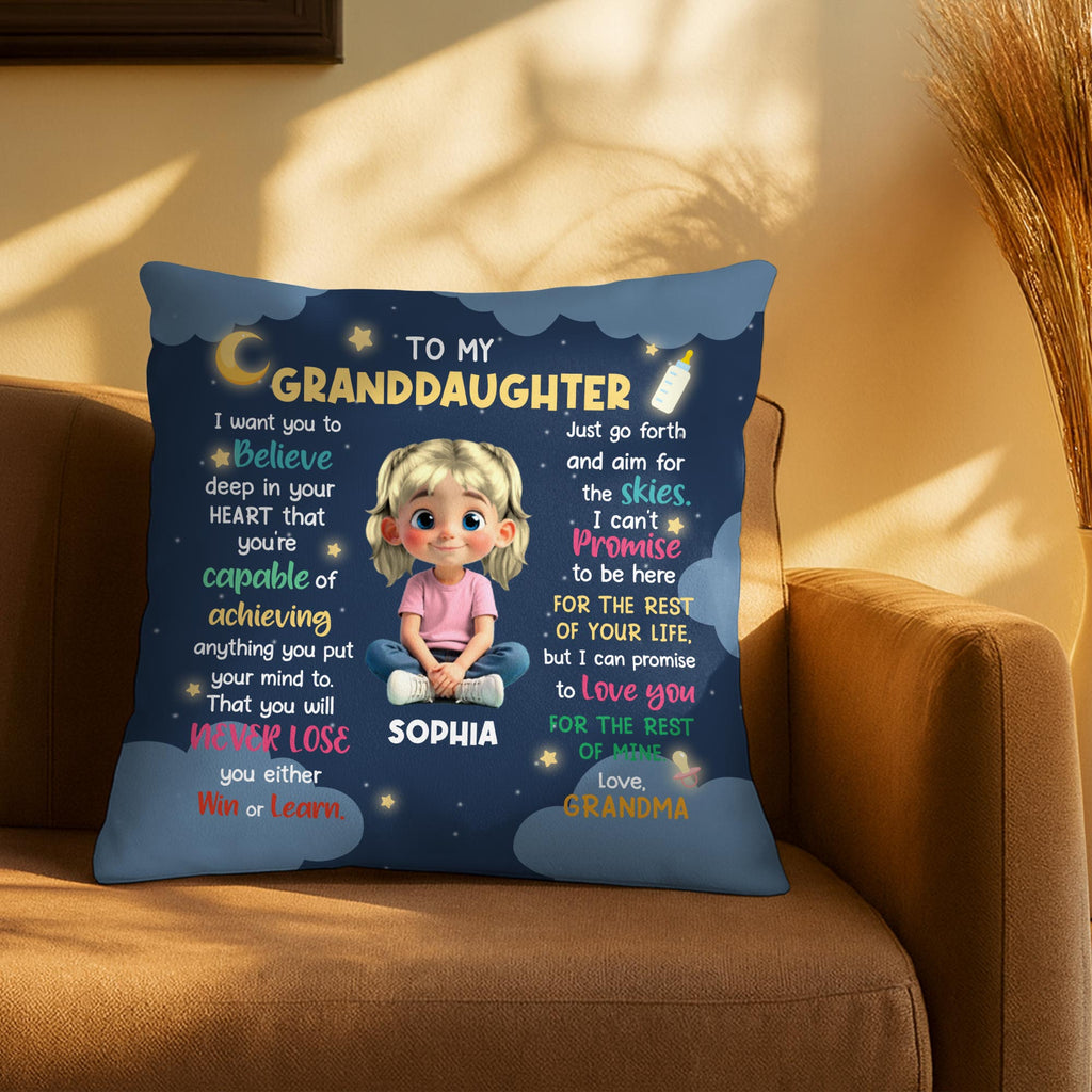 To My Granddaughter, Believe In Your Heart, Girl With Hearts And Rainbow - Personalized Custom Pillow, Insert Included - GDT370_PLW