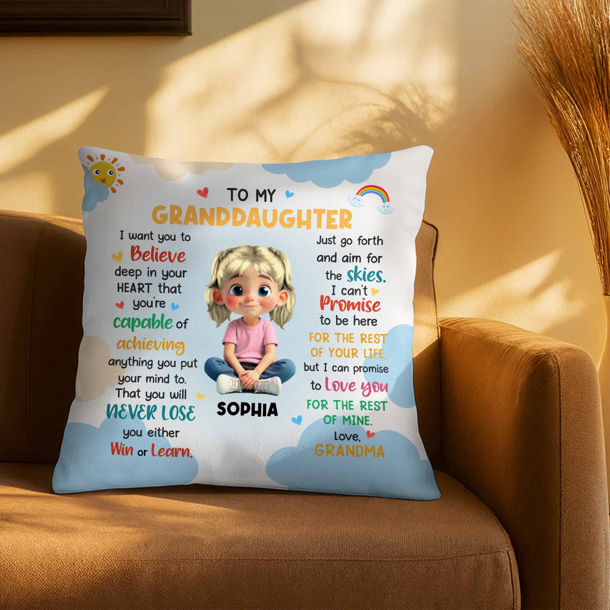 To My Granddaughter, Believe In Your Heart, Girl With Hearts And Rainbow - Personalized Custom Pillow, Insert Included - GDT370_PLW