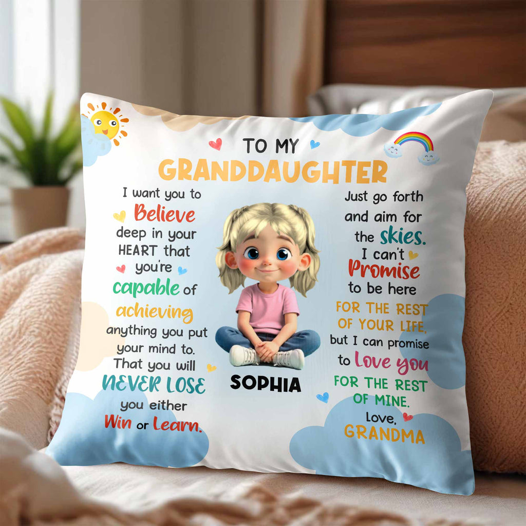 To My Granddaughter, Believe In Your Heart, Girl With Hearts And Rainbow - Personalized Custom Pillow, Insert Included - GDT370_PLW