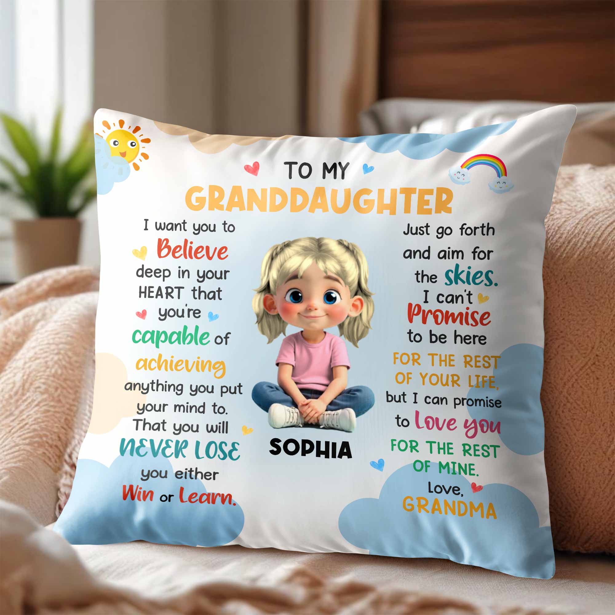 To My Granddaughter, Believe In Your Heart, Girl With Hearts And Rainbow - Personalized Custom Pillow, Insert Included - GDT370_PLW