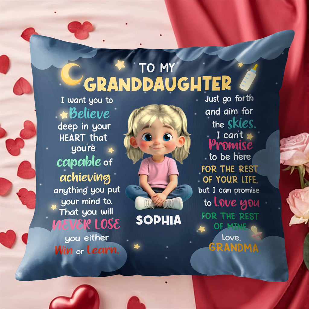 To My Granddaughter, Believe In Your Heart, Girl With Hearts And Rainbow - Personalized Custom Pillow, Insert Included - GDT370_PLW