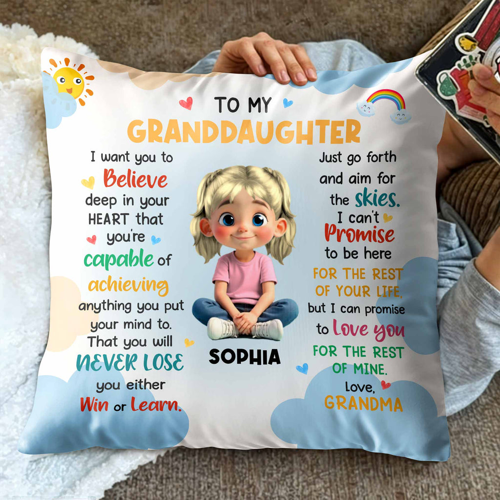 To My Granddaughter, Believe In Your Heart, Girl With Hearts And Rainbow - Personalized Custom Pillow, Insert Included - GDT370_PLW