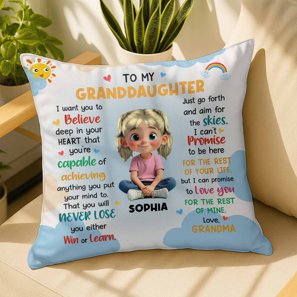 To My Granddaughter, Believe In Your Heart, Girl With Hearts And Rainbow - Personalized Custom Pillow, Insert Included - GDT370_PLW