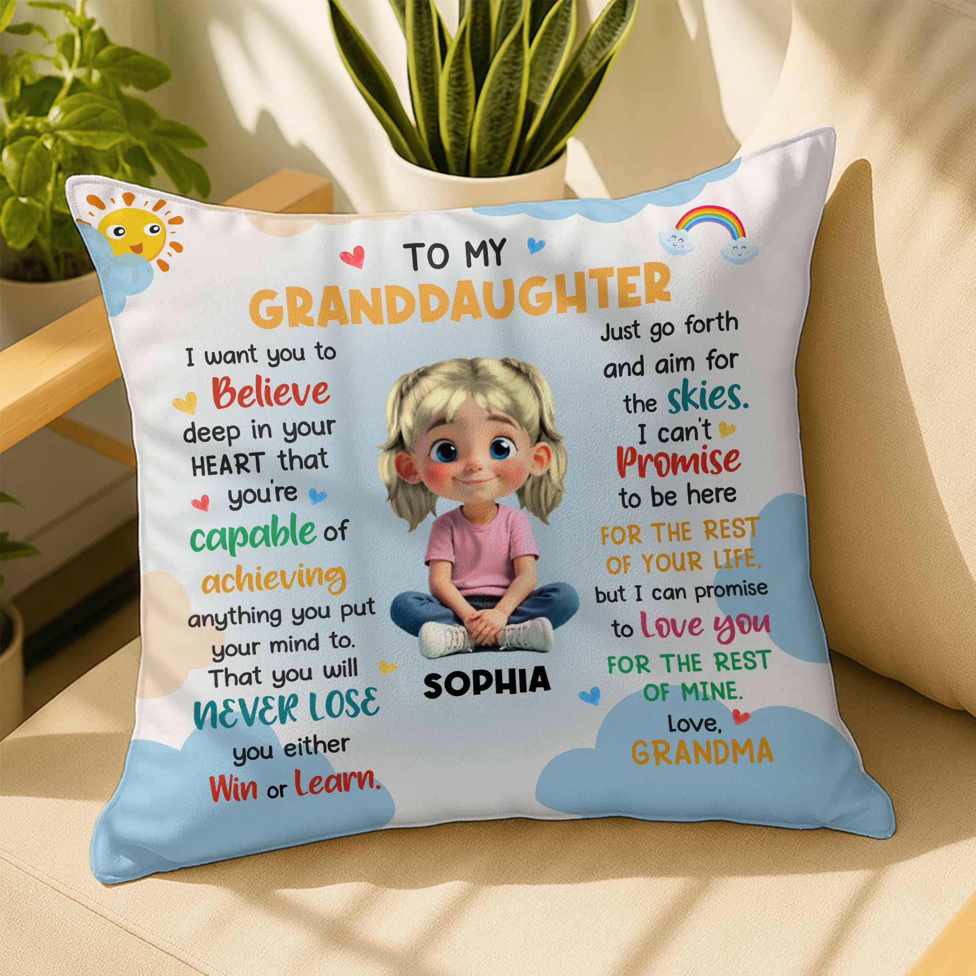 To My Granddaughter, Believe In Your Heart, Girl With Hearts And Rainbow - Personalized Custom Pillow, Insert Included - GDT370_PLW