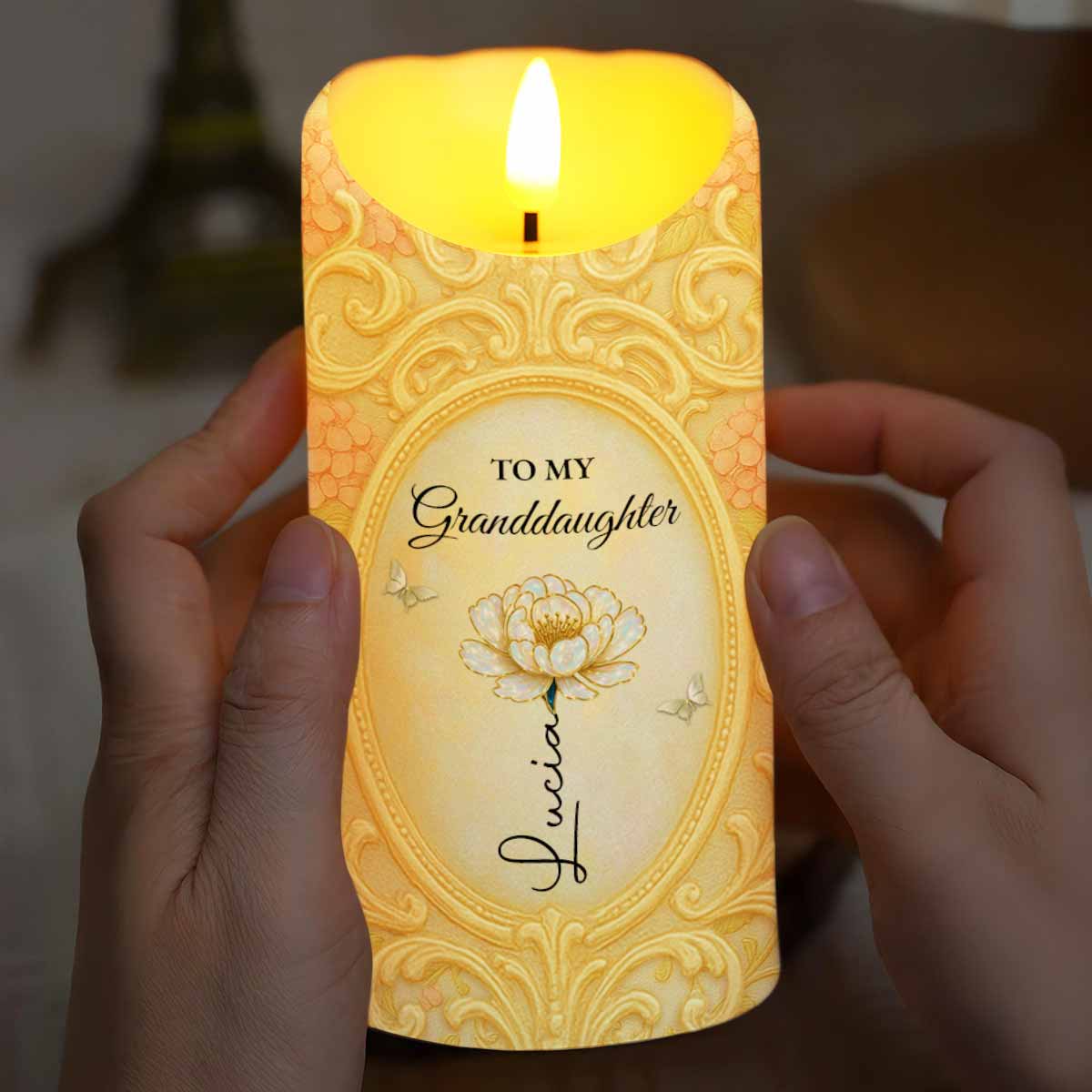 To My Granddaughter, A Keepsake Candle With Flower And Butterfly