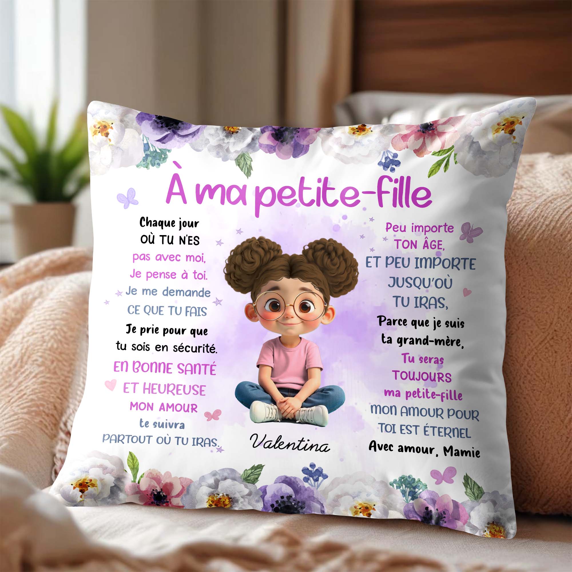 À Ma Petite-Fille, Flowers And Young Girl Theme - Personalized Custom Pillow, Insert Included - GDT453_PLW