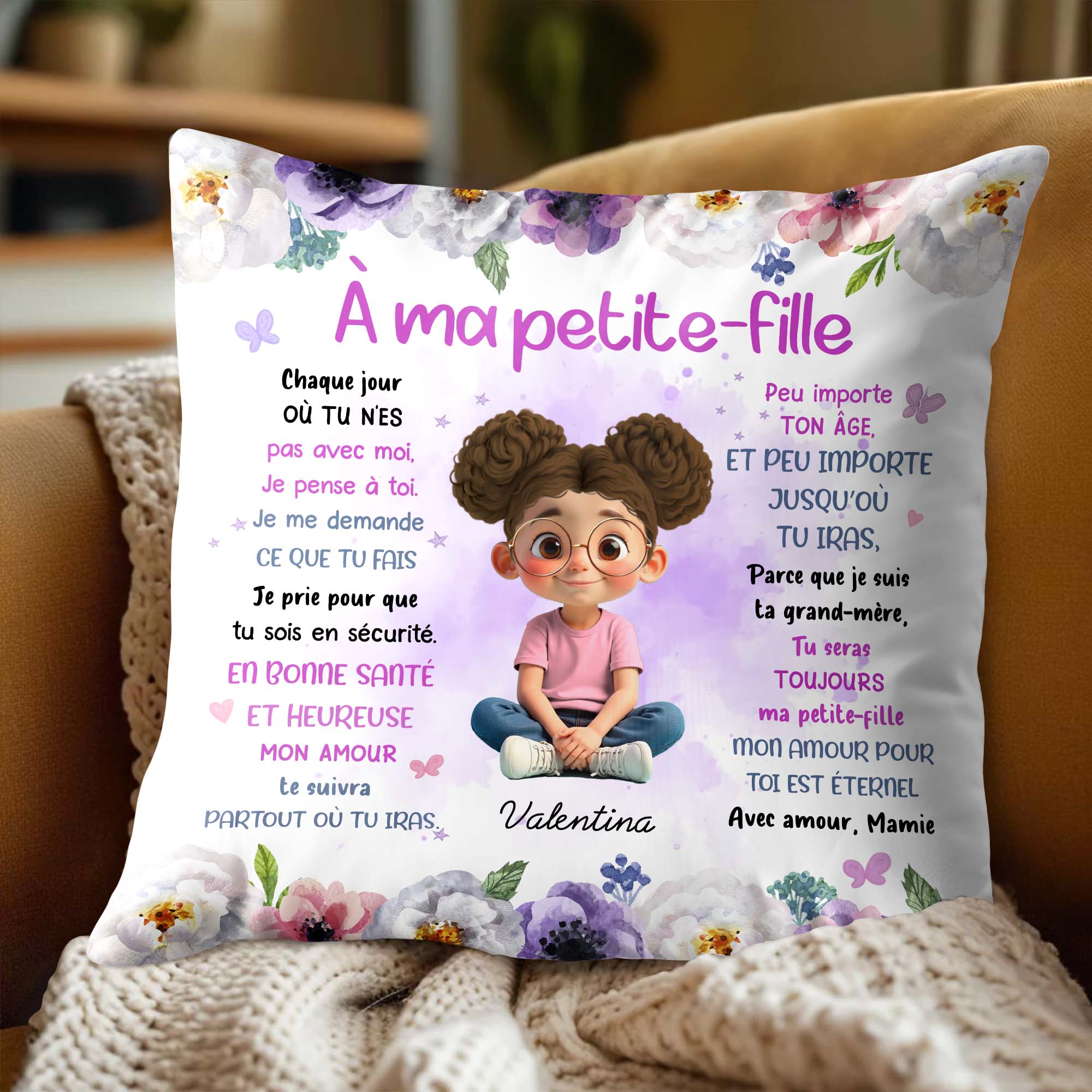 À Ma Petite-Fille, Flowers And Young Girl Theme - Personalized Custom Pillow, Insert Included - GDT453_PLW