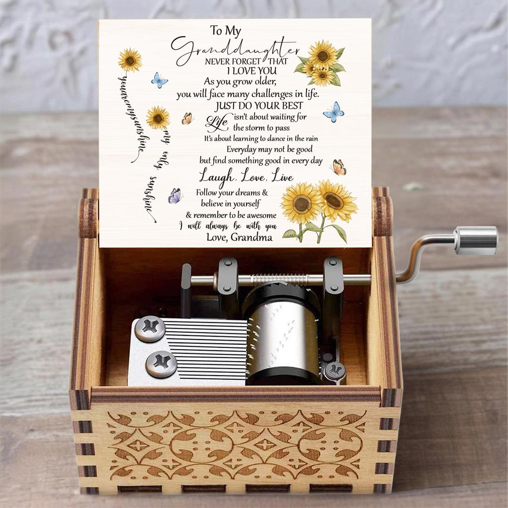 To My Granddaughter, Sunflowers And Butterflies - Custom Music Box With "You Are My Sunshine" Tune - GDT529_MZB