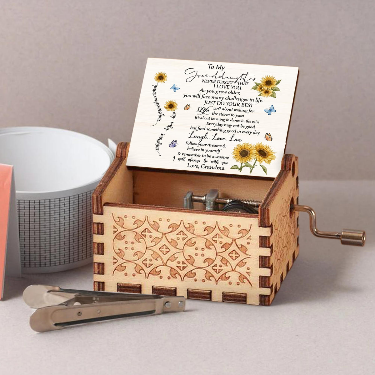 To My Granddaughter, Sunflowers And Butterflies - Custom Music Box With "You Are My Sunshine" Tune - GDT529_MZB