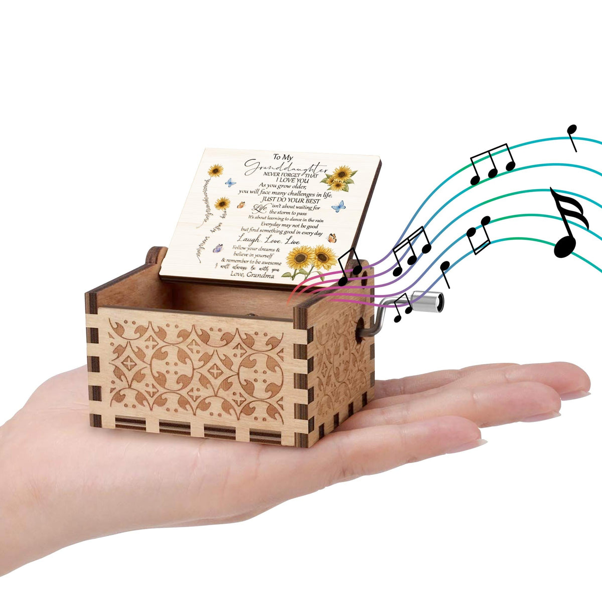 To My Granddaughter, Sunflowers And Butterflies - Custom Music Box With "You Are My Sunshine" Tune - GDT529_MZB