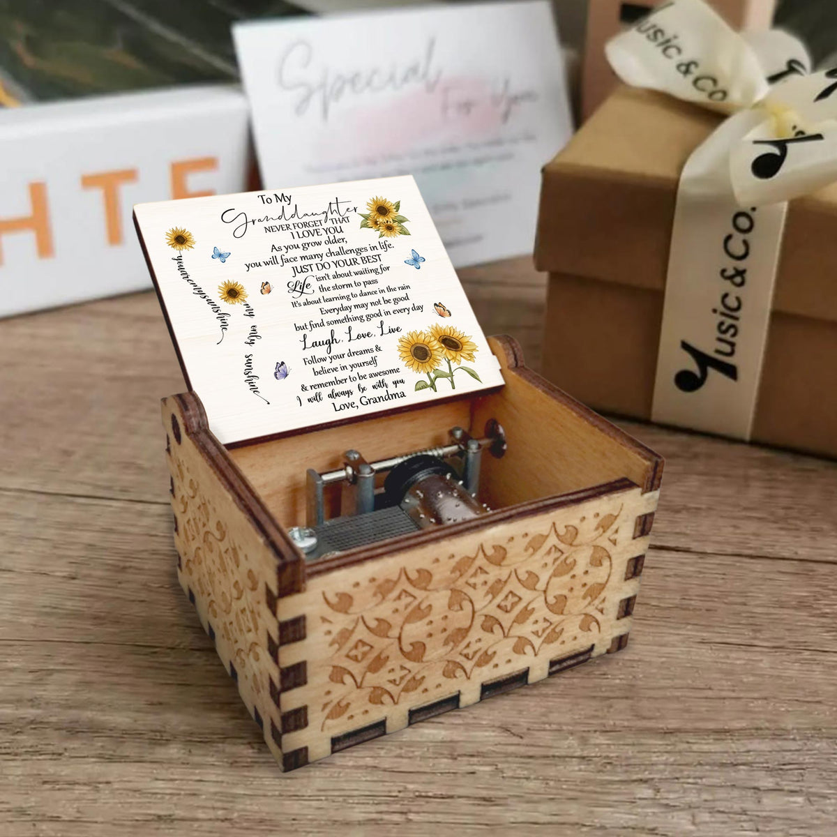 To My Granddaughter, Sunflowers And Butterflies - Custom Music Box With "You Are My Sunshine" Tune - GDT529_MZB