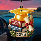 Celebrate Your Achievement, Graduation Cap and Books - Personalized Custom Wood Ornament, Car Hanging Ornament - GRAD037_WCA