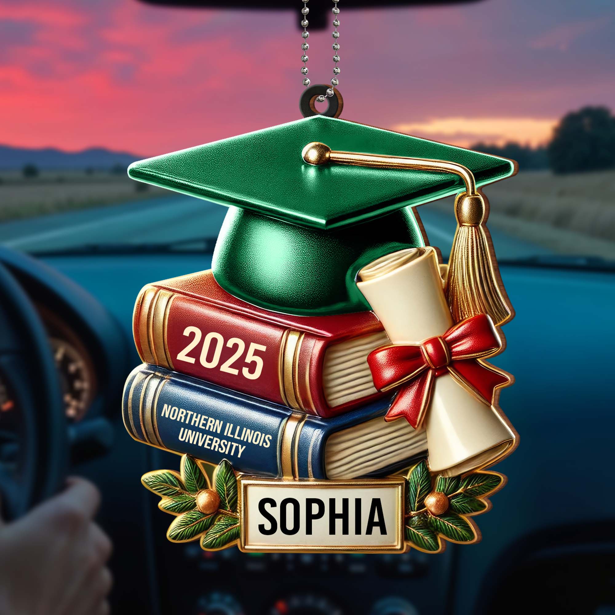 Celebrate Your Achievement, Graduation Cap and Books - Personalized Custom Wood Ornament, Car Hanging Ornament - GRAD037_WCA