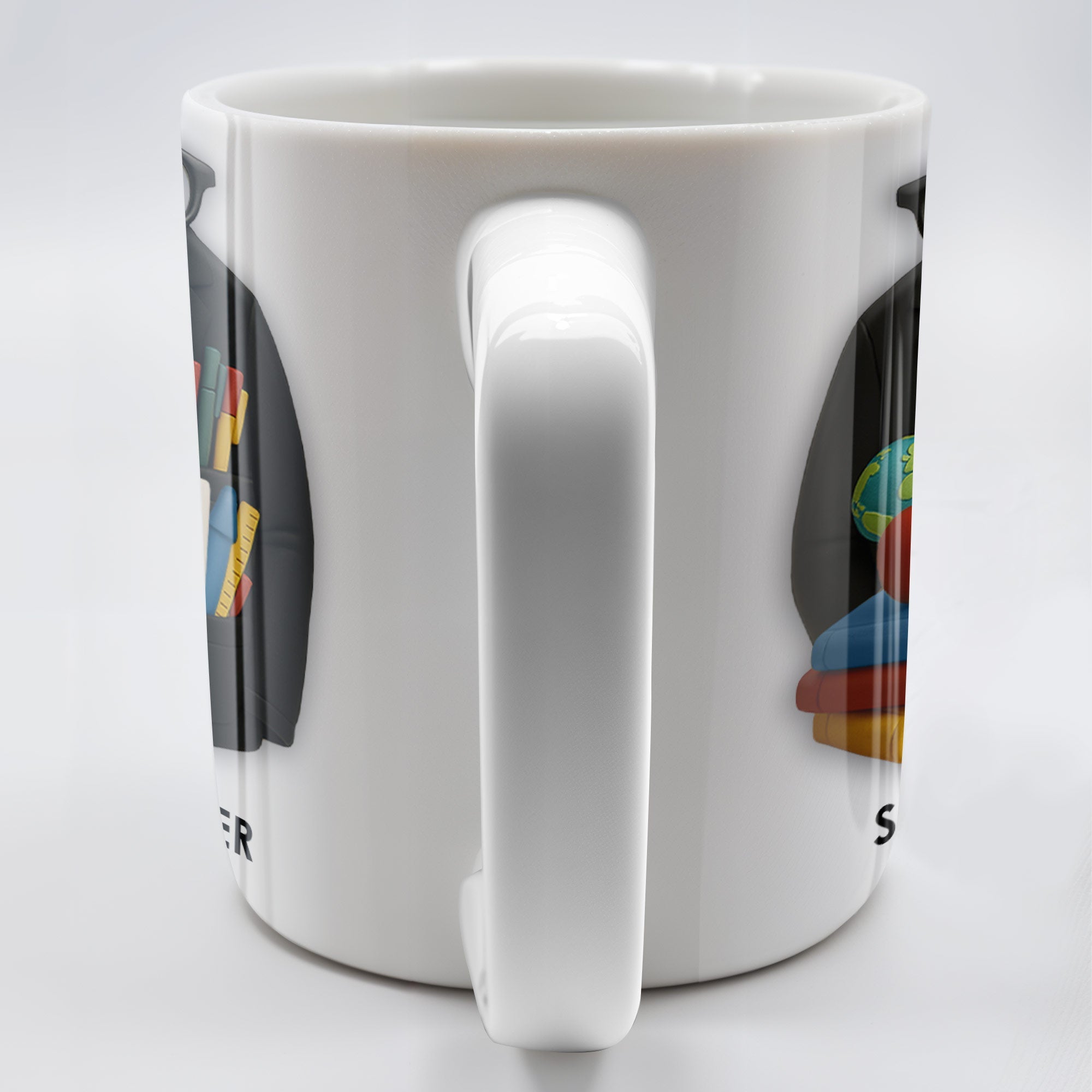 Customizable Coffee Mug Featuring Glasses, Books, Apple, Markers, Lab Coat