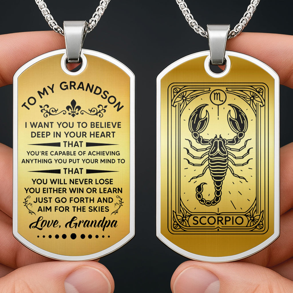 To My Grandson, Believe In Your Heart, Aim For The Skies - Personalized Custom Dog Tag Necklace - GSN001_DTNECK