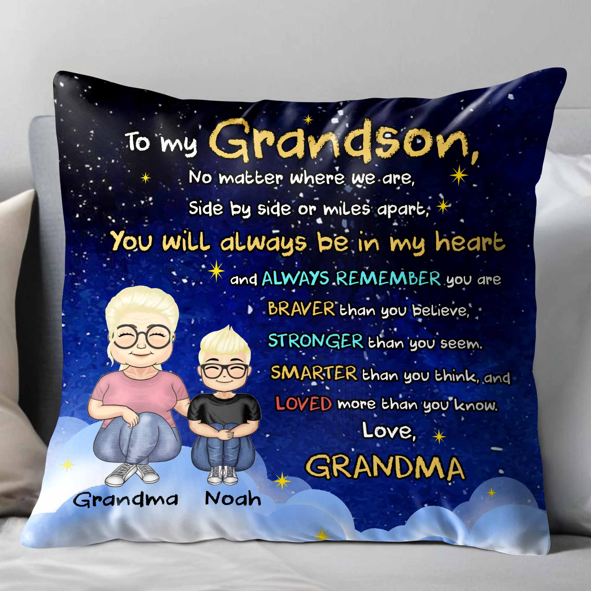 To My Grandson, No Matter Where We Are, Side By Side Or Miles Apart, Cartoon Characters - Personalized Custom Pillow, Insert Included - GSN036_PLW