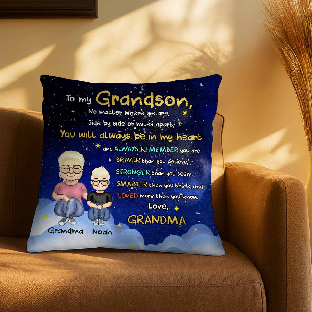 To My Grandson, No Matter Where We Are, Side By Side Or Miles Apart, Cartoon Characters - Personalized Custom Pillow, Insert Included - GSN036_PLW